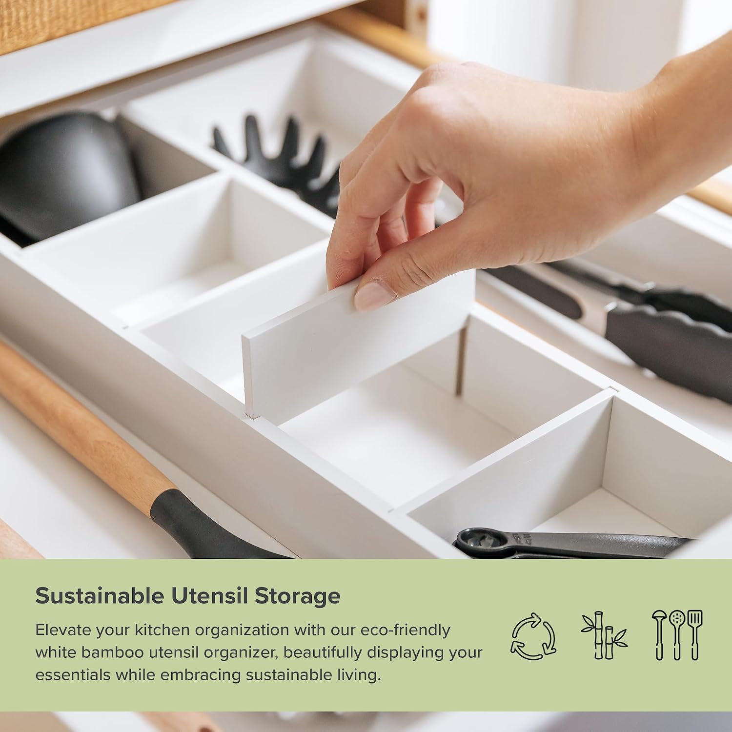 KitchenEdge Utensil & Junk Drawer Organizer, 16-28 in, White Bamboo image 4