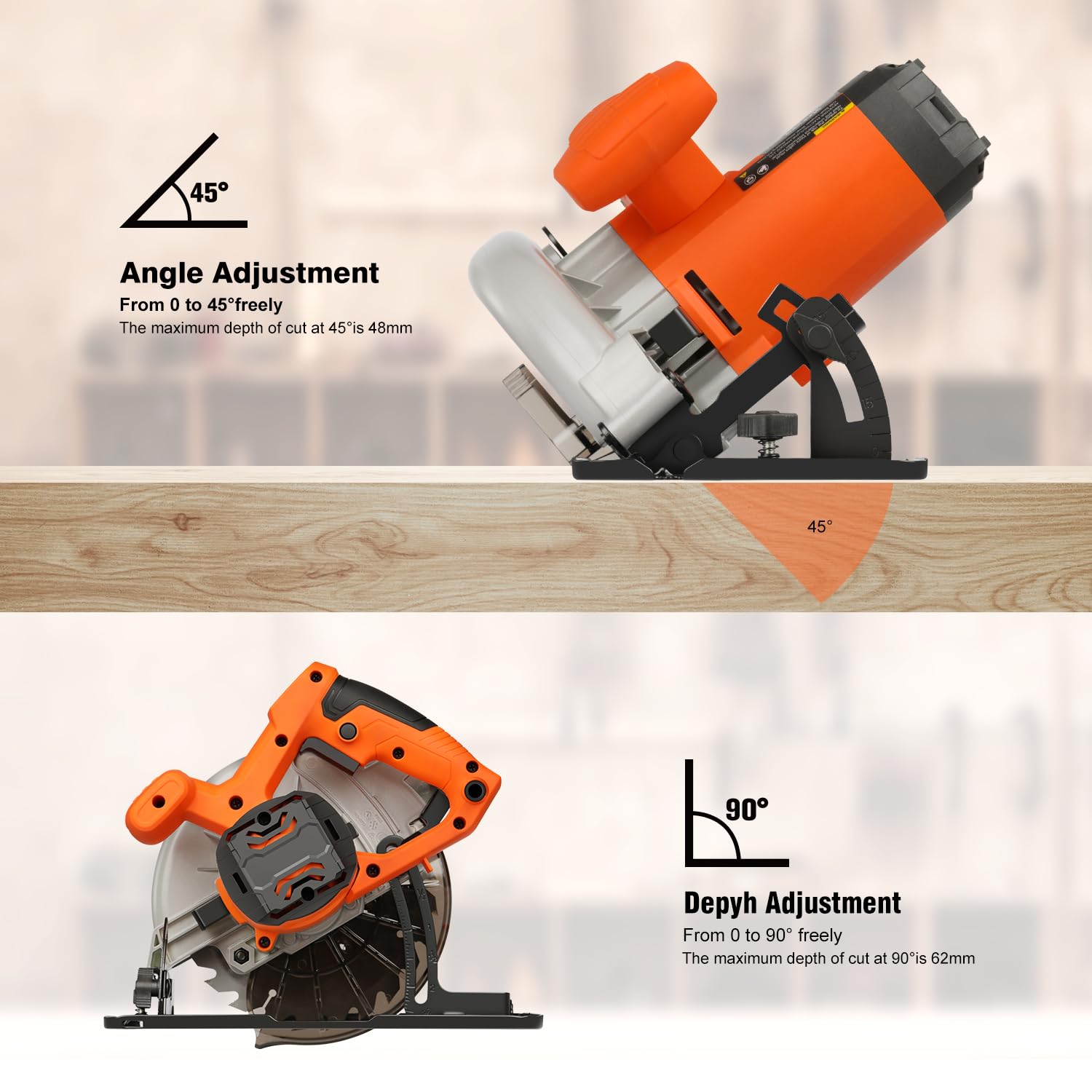 Yunirvana 1400W Sega Circolare con Guida Laser, massimo 6000RPM, Sega Circolare per Legno,profondità e angolo di taglio regolabili: 62 mm (90°) - 48 mm (45°), e lama da sega 185 mm