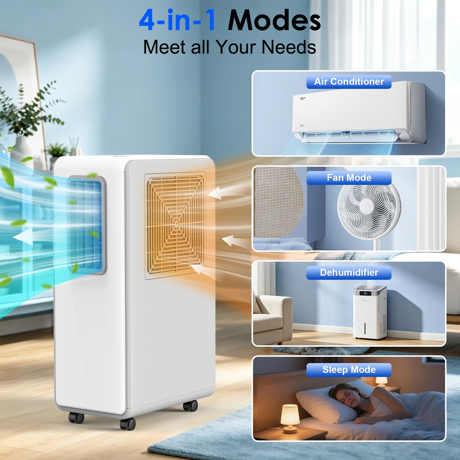 4-w-1 Przenośny klimatyzator z funkcjami chłodzenia, osuszania i wentylatora.Ultra Quiet Mobile AC Unit z 24H Timer do użytku domowego lub biurowego.