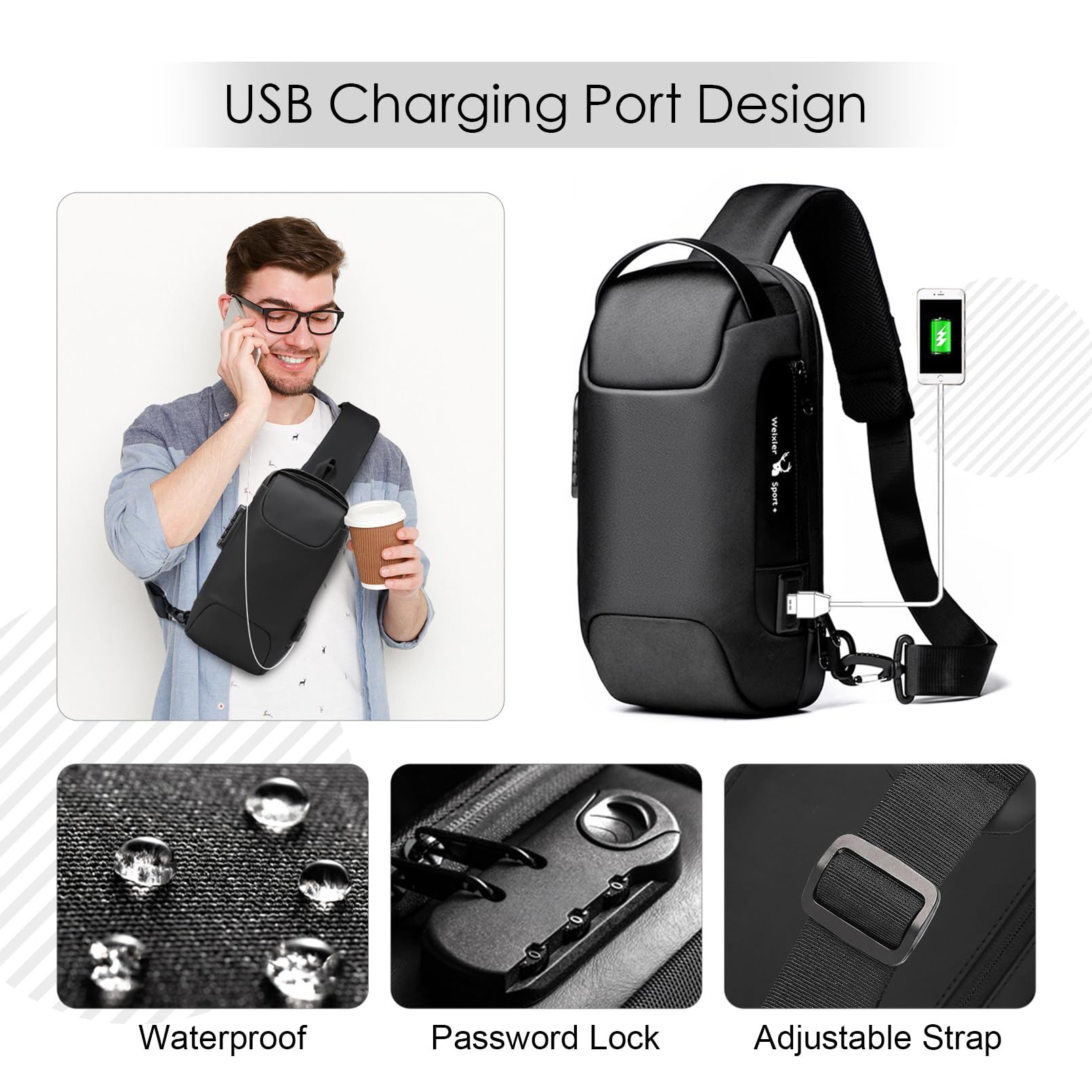 SPAHER Homme Sac de Poitrine Cuir Sacoche Homme Bandouliere Sac business Sac de loisir Sac a dos cuir pochette epaule homme Travers Pochette des Sports Affaires Voyage Noir