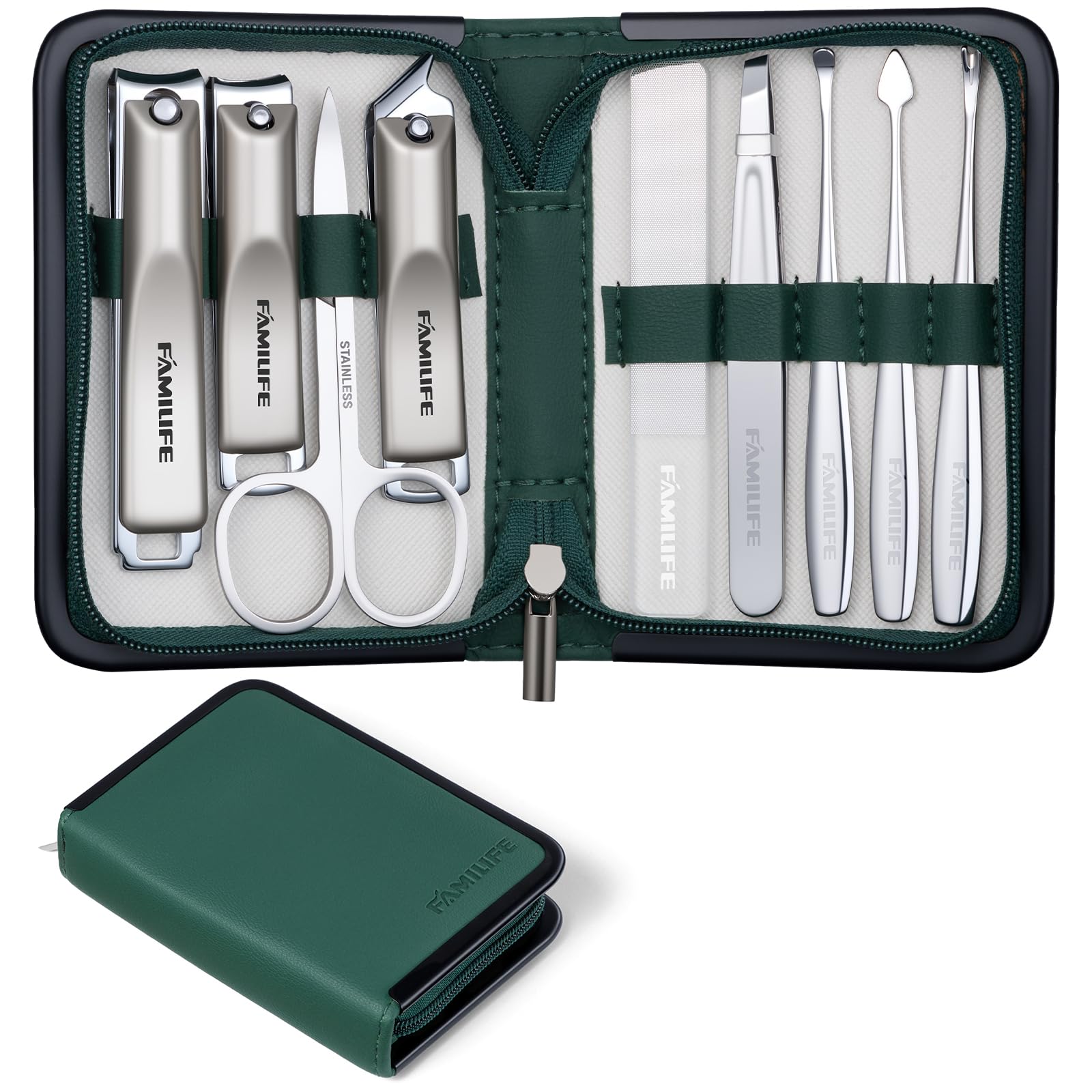 FAMILIFE Manicure Kit for Women 9 Pcs Compact Carbon Steel Nail Grooming Kit with Case Portable Green Travel