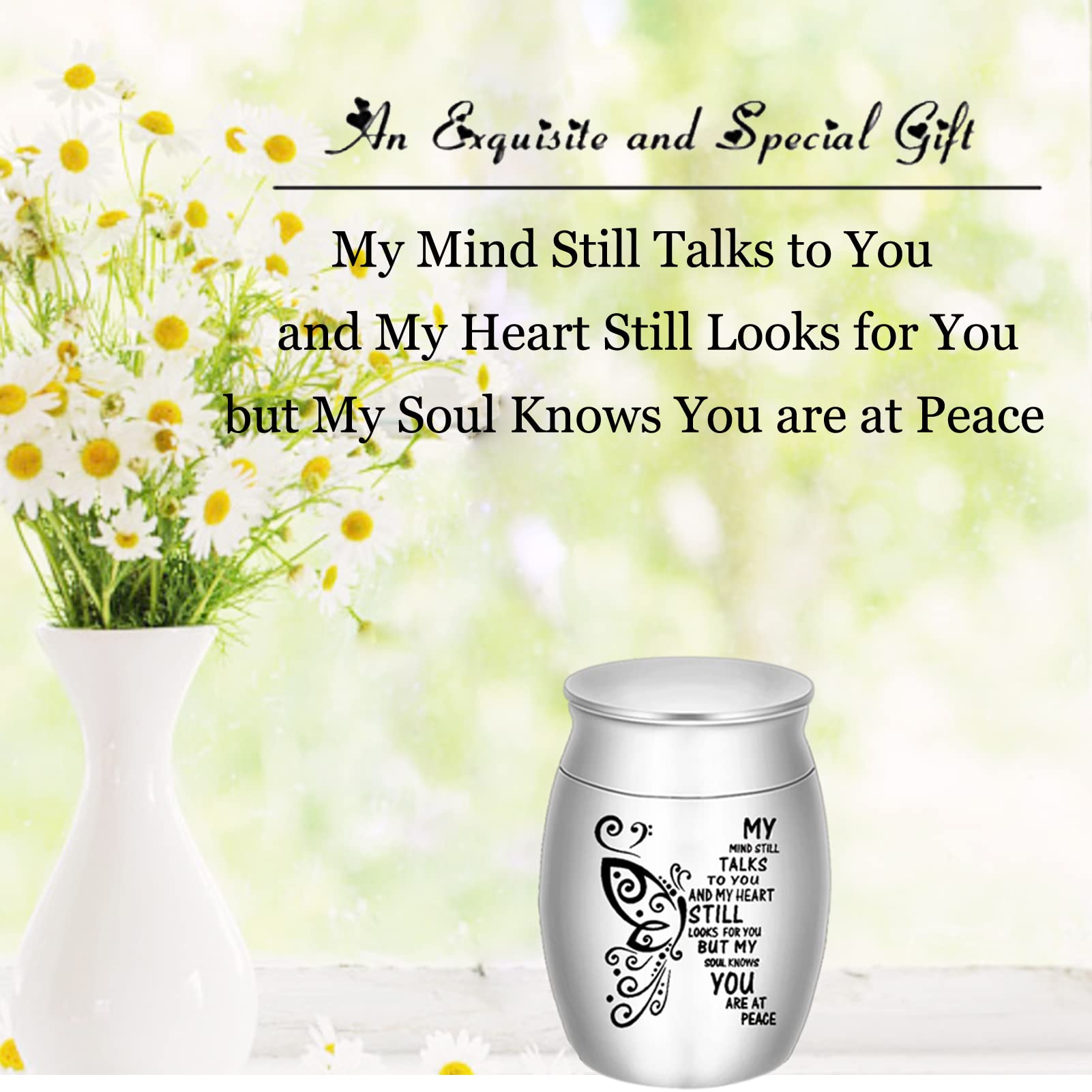 Piccole urne per ceneri – Set di 4 mini urne in alluminio alte 4,9 cm, urne per ceneri umane e animali domestici, piccole urne ricordo per familiari e persone care, My Mind Still Talks to You