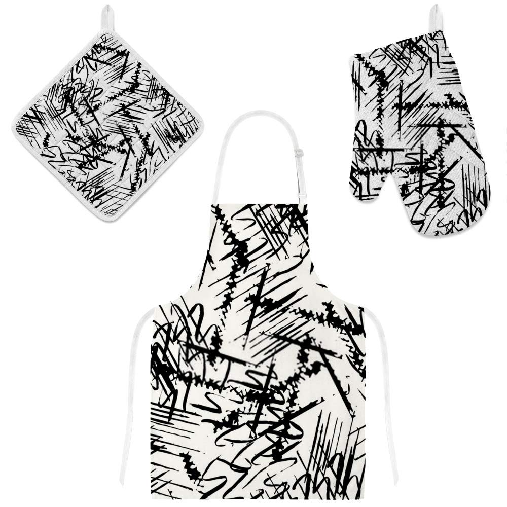 Tablier de cuisine 3 pièces maniques lignes irrégulières, linge de cuisine