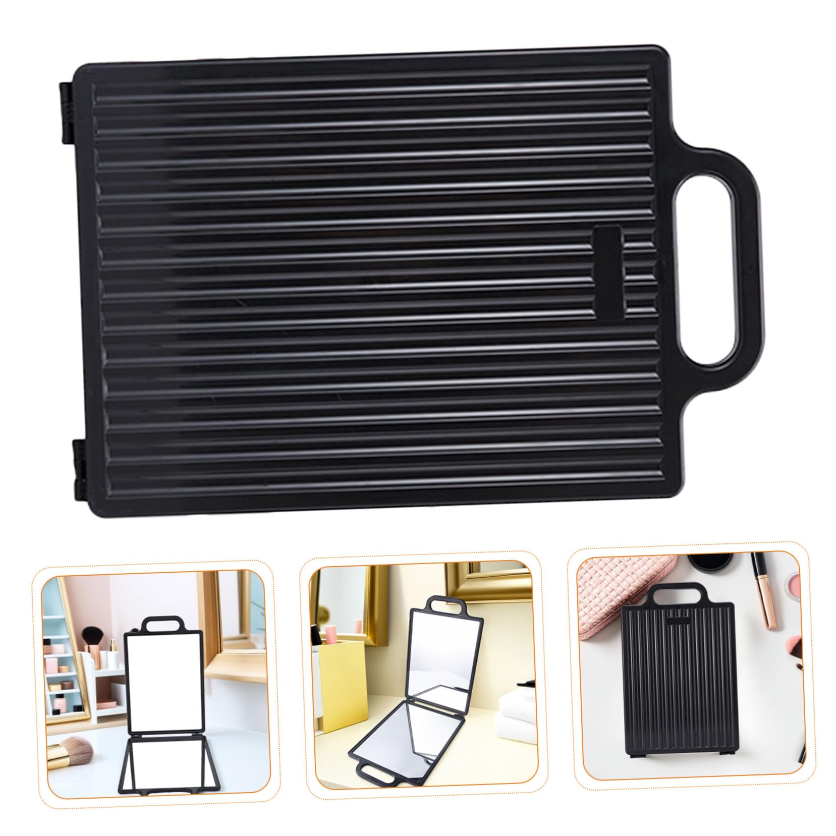 MAGICLULU Doppelseitiger Friseurspiegel mit Make Up Ablage aus Glas und Kunststoff Klappbar für Salon und Haarschnitt Klar Reflektierend und Handlich Schwarz Zufälliger Stil
