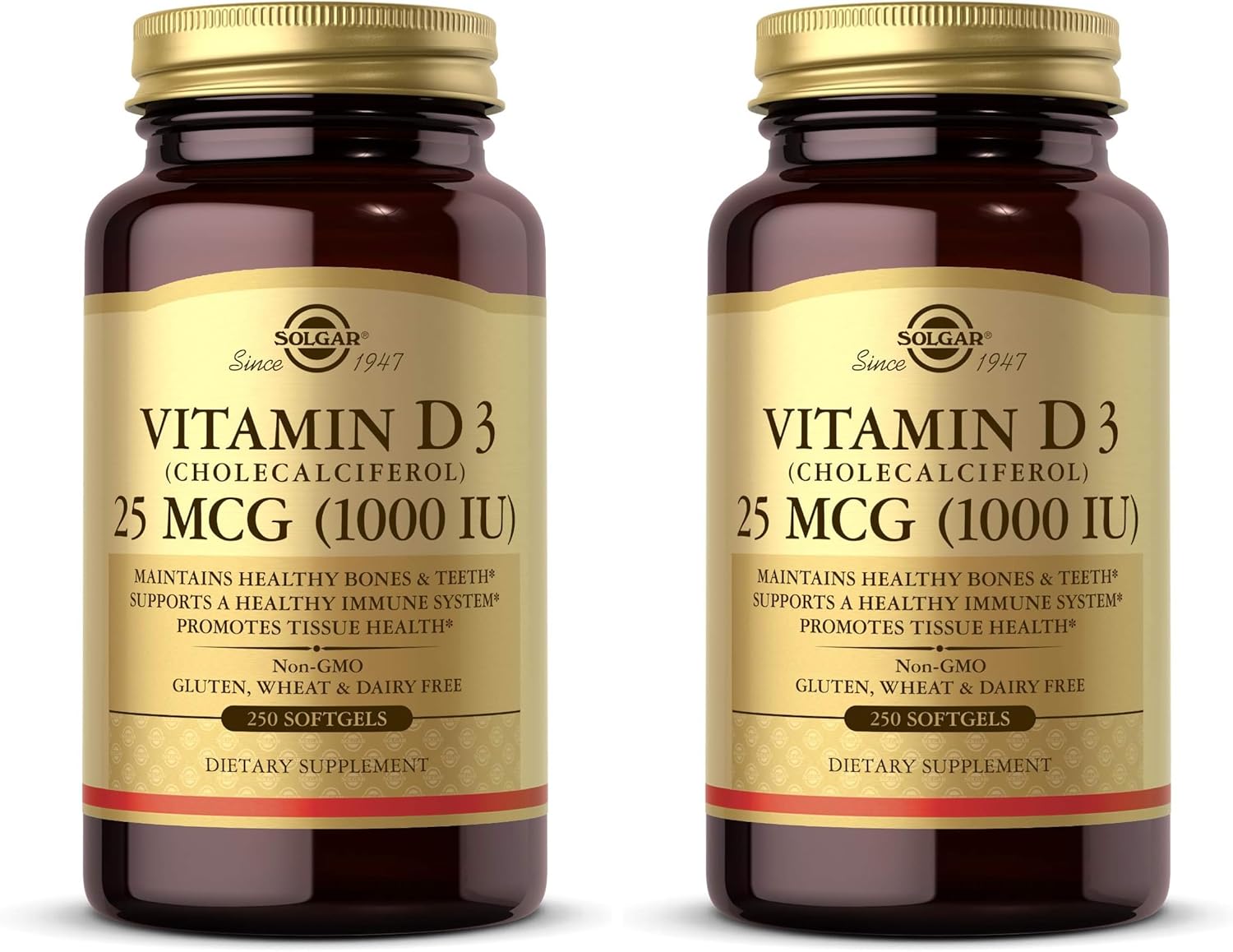 Solgar Vitamin D3 (Cholecalciferol) 25 MCG (1000 IU), 250 Softgels - Helps Maintain Healthy Bones & Teeth - Immune System Support - Non-GMO, Gluten-Free, Dairy Free - 250 Servings, (Pack of 2)
