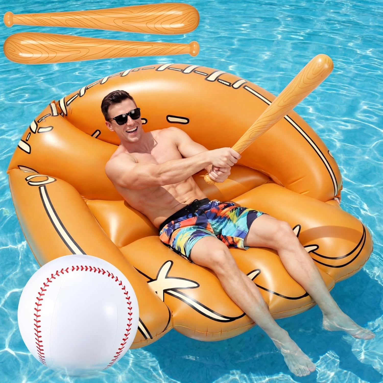 4 Pcs Giant Inflatable Baseball Glove Pool Floats with Jumbo Inflatable Baseball Bats 31.5 Inch and Beach Ball 16 Inch for Themed Birthday Sports Party Decorations Favors Funny Pool Ball