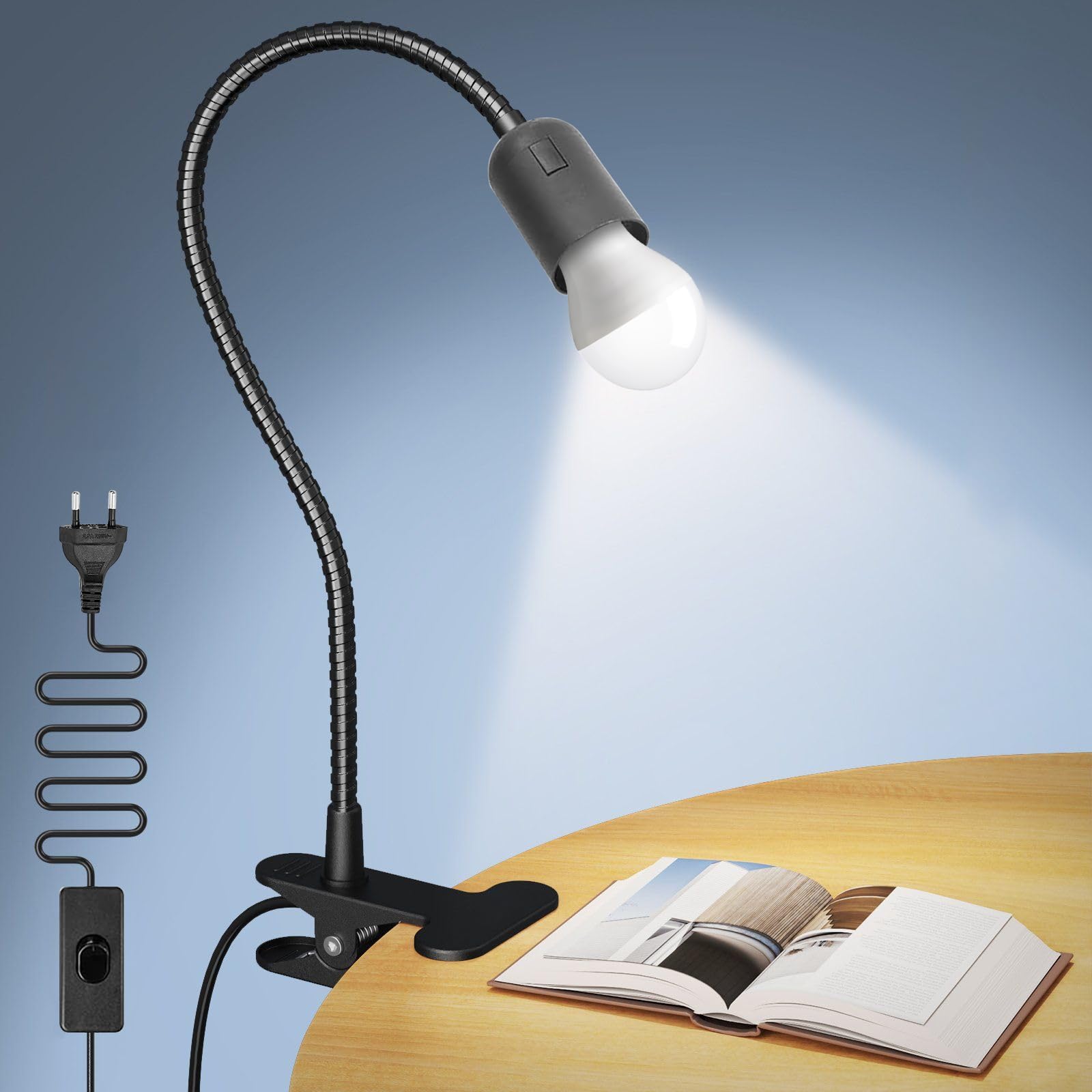 PORFOYO Lot de 3 douilles E27 avec clip - Lampe à pince E27 réglable à 360° - Avec prise et câble de 120 cm - Pour animaux, plantes en croissance - Lampe de table (sans ampoule)