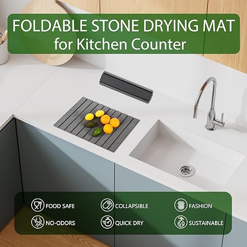 Miniatura 8 de Tapete de Secado de Platos de Piedra para Encimera de Cocina, Tapete Grande de Secado de Platos de Tierra de Diatomeas Plegable Gris Oscuro, Tapete