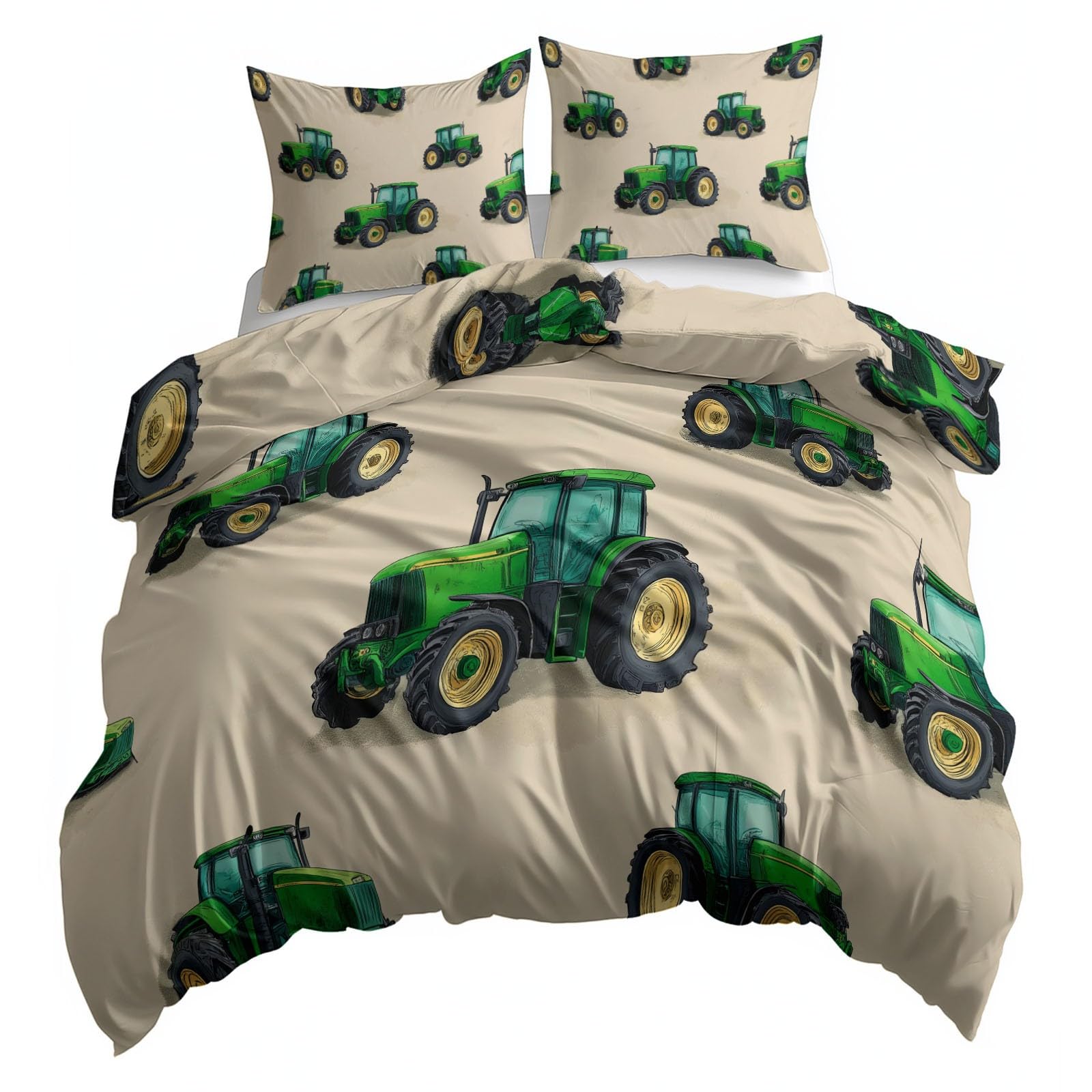 Juego de Funda Nórdica 3 Piezas para Cama 105 - Funda Edredón Reversible 180x220 cm Tractor Verde De Dibujos Animados, Ropa de Cama Beige para Cama Individual y Matrimonio