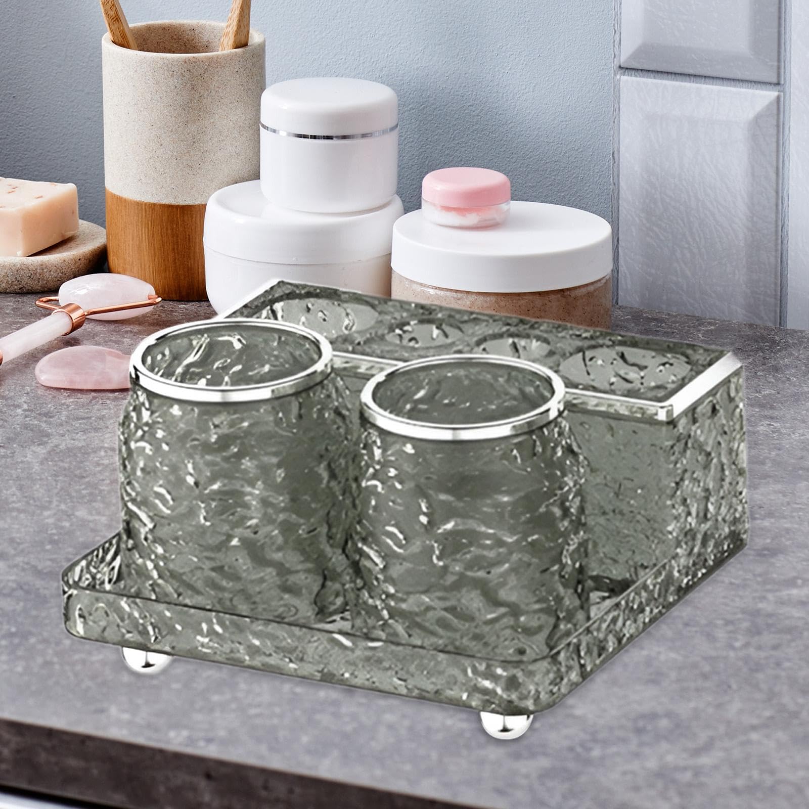2 Piezas Vasos para Cepillos de Dientes Soporte de Pasta de Dientes Organizador de Baño Y Accesorios para Enjuague Bucal Hecho de Pet Adecuado para Ba, Gris, Individual