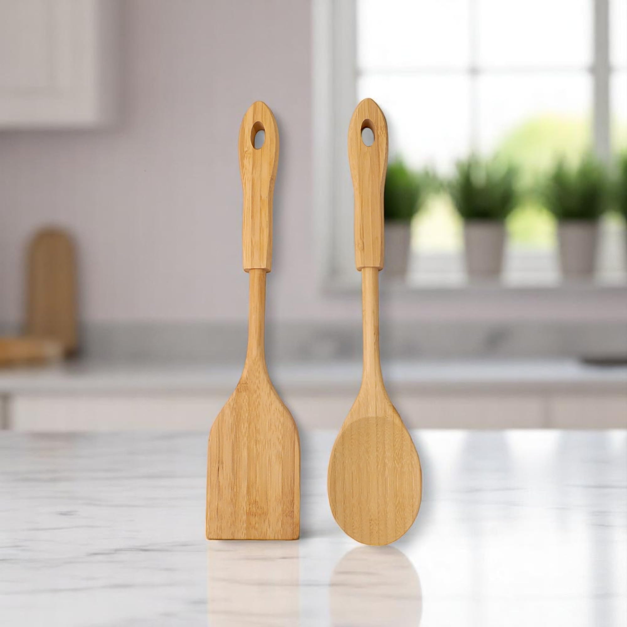 Deconox Bambu 2'li Servis Seti, Tavalarınız ve Kızarmanız İçin Spatula, Servisleriniz İçin Büyük Kaşık | 2 Adet Lüks Bambu Set