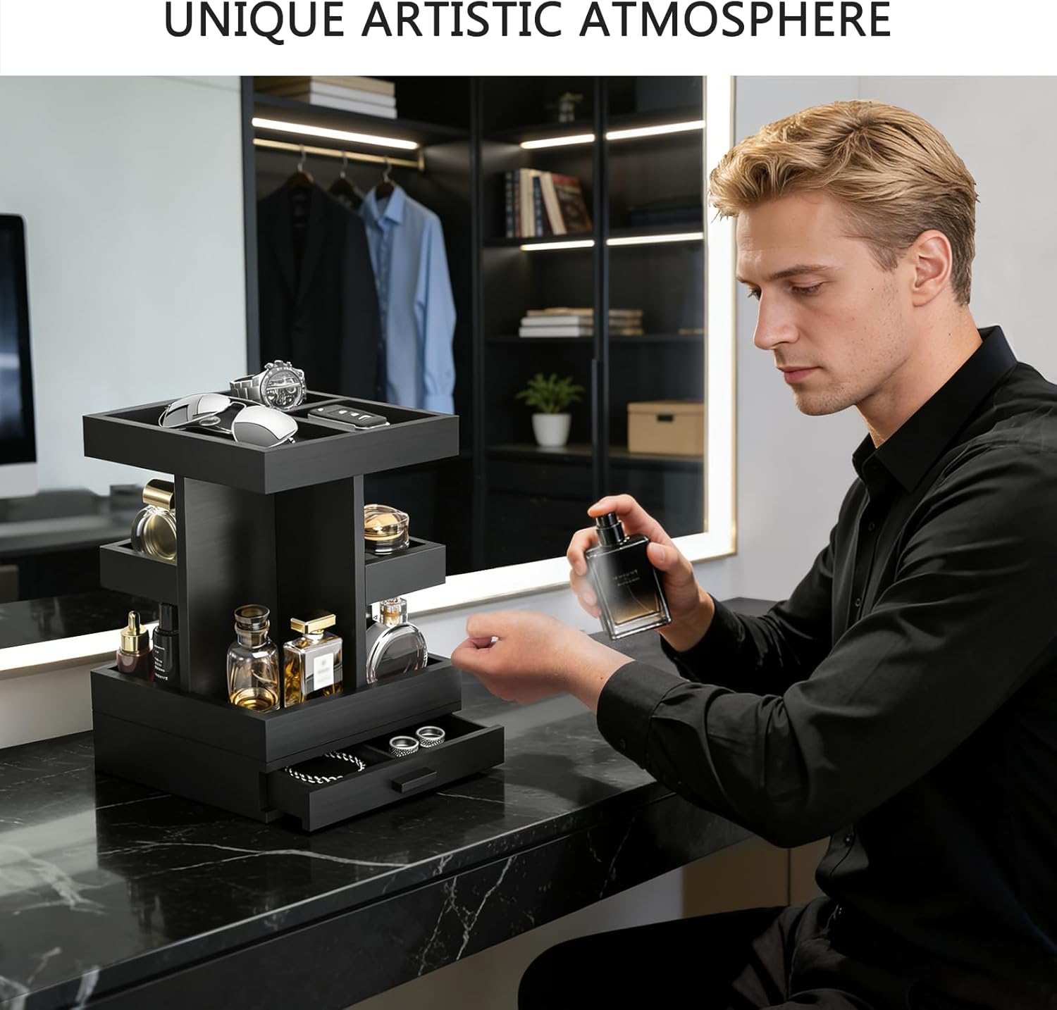 Cologne Organizer for Men, Cologne Stand, 3 Tier Wooden Perfume Organizer, Rotating Mens Cologne Shelf with Drawer, Fragrance Display Holder Desk Organizer, Gift Ideas for Men Him Dad Husband