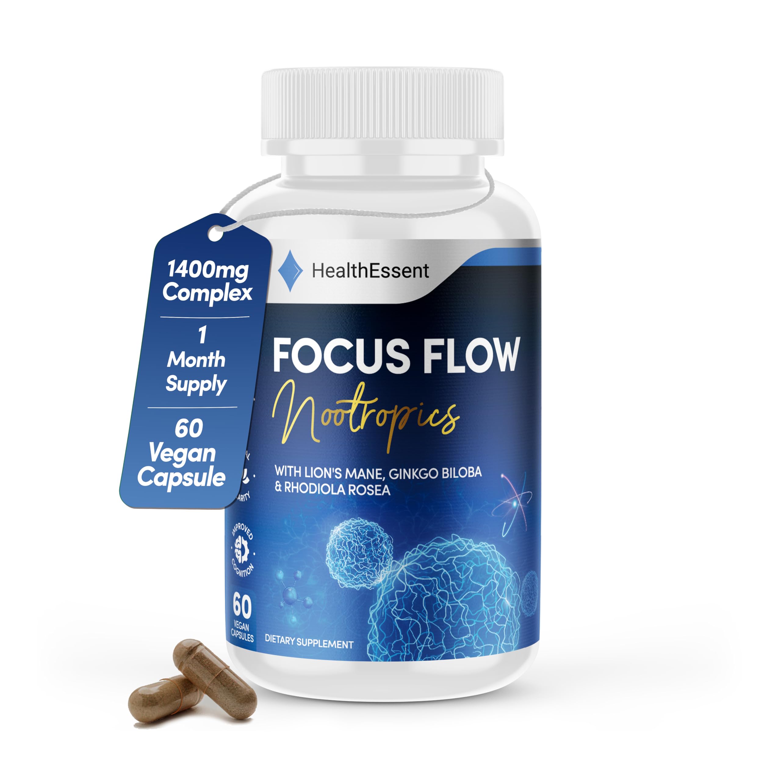 Focus Flow Nootropics, High Strength Brain Supplement, Adaptogenic Supplement, Instant Mental Clarity & Enhanced Focus, Improve Energy Levels & Cognition with Lion’s Mane, Ginkgo & Rhodiola - 60