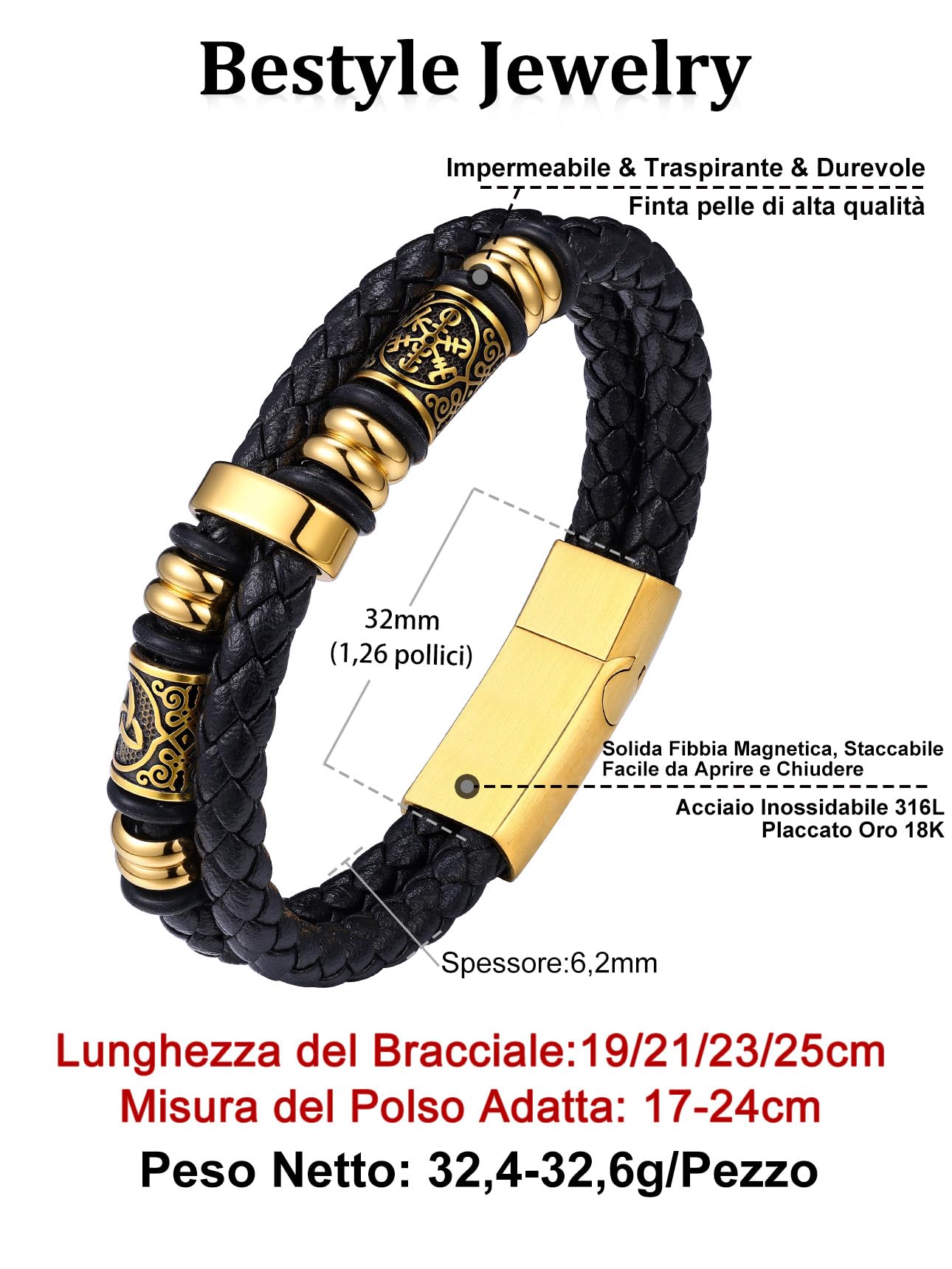 Bestyle Brcciale Uomo in Pelle Bussola Vichinga Chiusura Magnetica Elementi Vichinghi Bracciali Multistrato Impermeabile e Resistente al Sudore 19/21/23CM