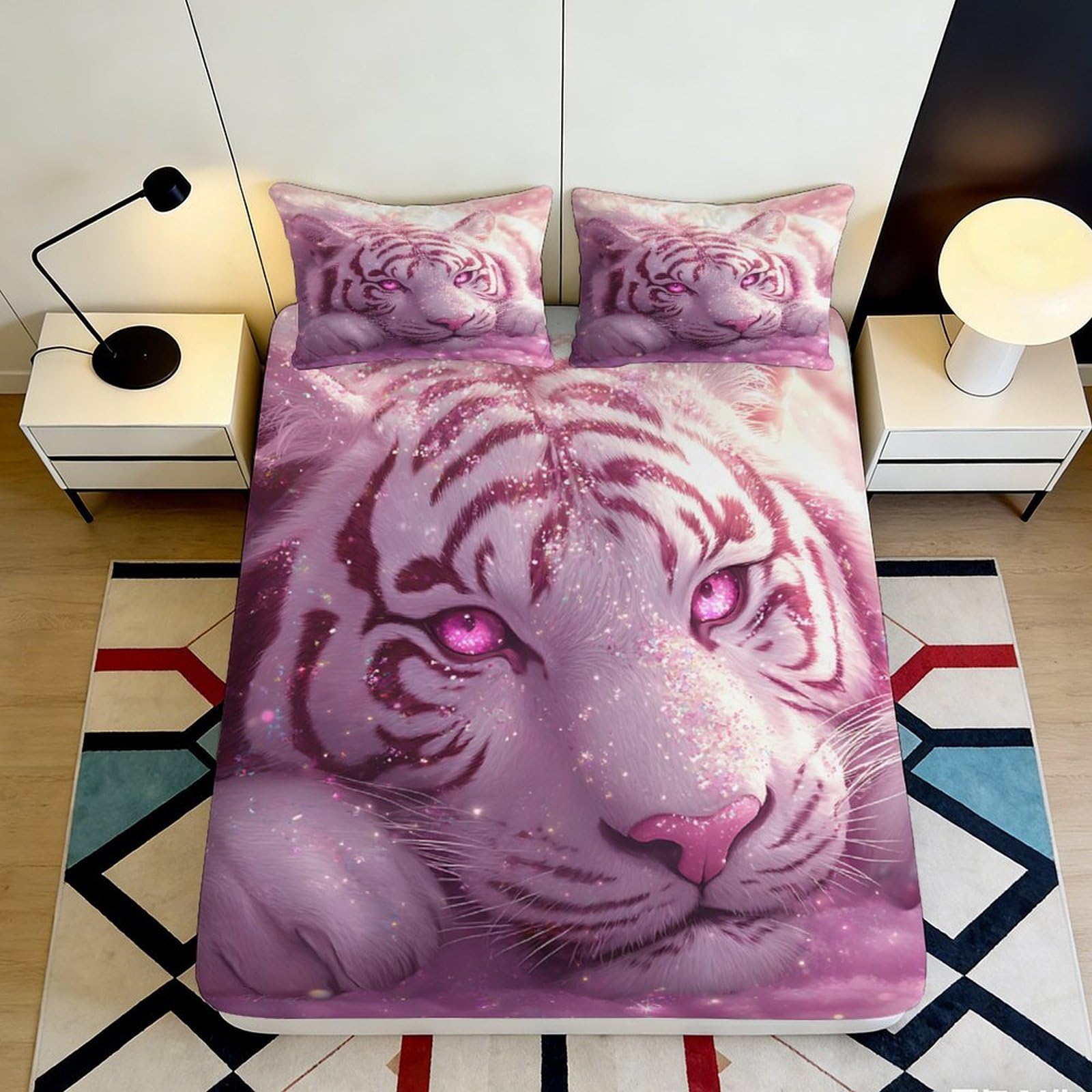 3D Printed Purple Tiger Fitted Sheet Microfiber Deep Pocket Non-Slip Bedding Set Bedroom Purple Tiger Mattress Fitted Cover Washable for Home Use 140x200x25cm