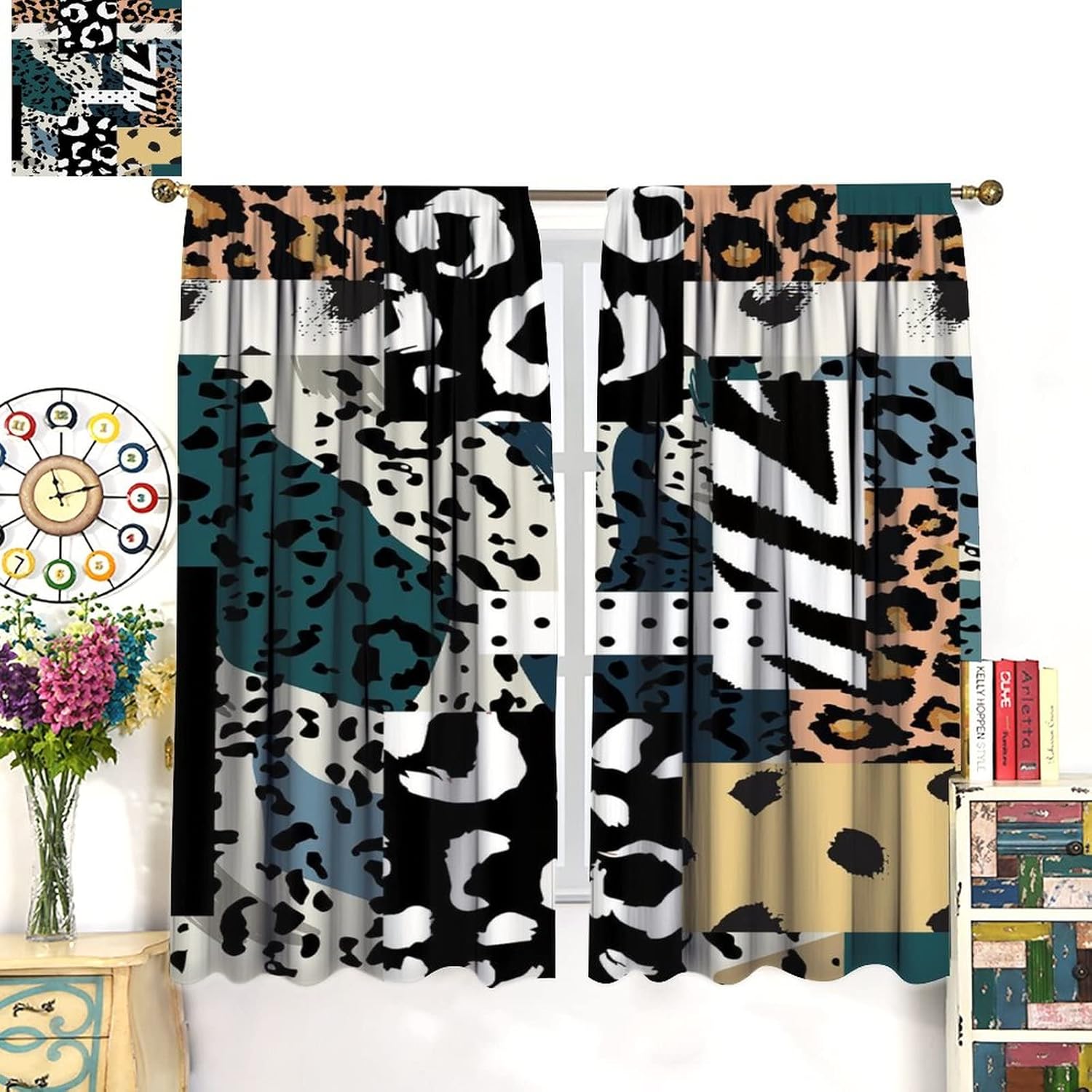 Modern Abstract Leopard Art Pattern Blackout Curtains - Colorful Leopard Plaid Rod Pocket Window Curtain Set Energy Saving Thermal Insulated Drapes for Living Room Nursery,2 Panels 45L x 21W