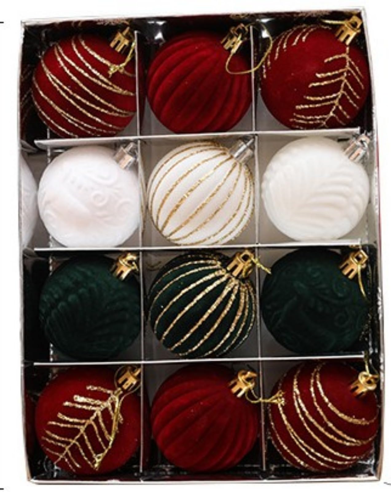 Set of 12 Vintage Red and Gold Velvet Baubles, Burgundy Flocked Christmas Tree Decoration, Large Shatterproof Hanging Ornaments for Christmas Wreaths