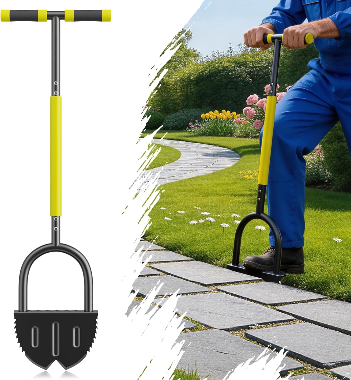 Half Moon Edger Lawn Tool with Double V-Shaped Saw-Tooth Blade & Rubber T-Grip, 40in Edging Shovel for Landscaping, Garden Edging Tool for Landscaping, Manual Lawn Edger Tools for Garden Maintenance