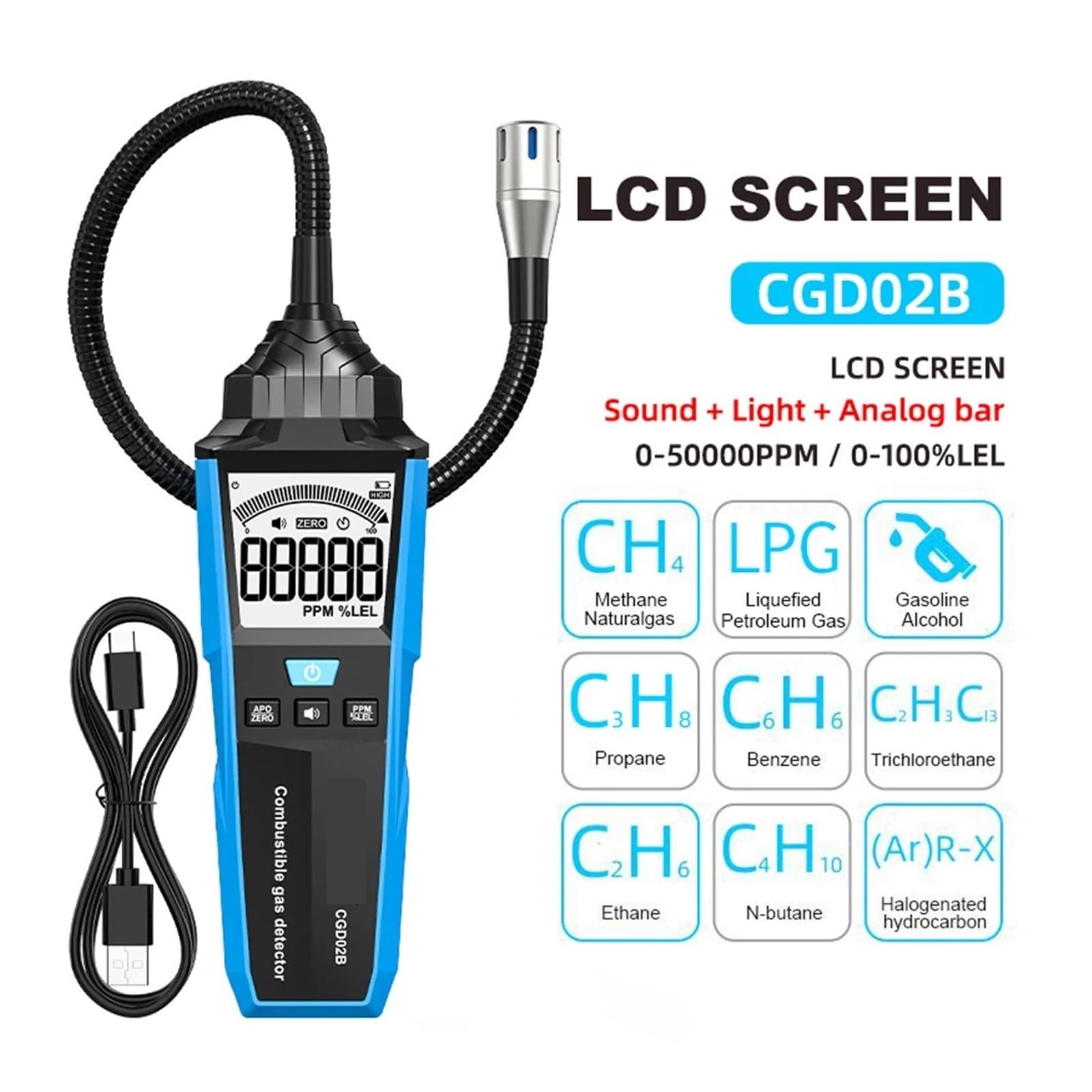 Detector De Gas Combustible, Analizador, Medidor GLP, Ubicación Fugas Natural Inflamable, Alarma Sonido, Probador Concentración Monitorización Precisa Tiempo Real(CGD02B)