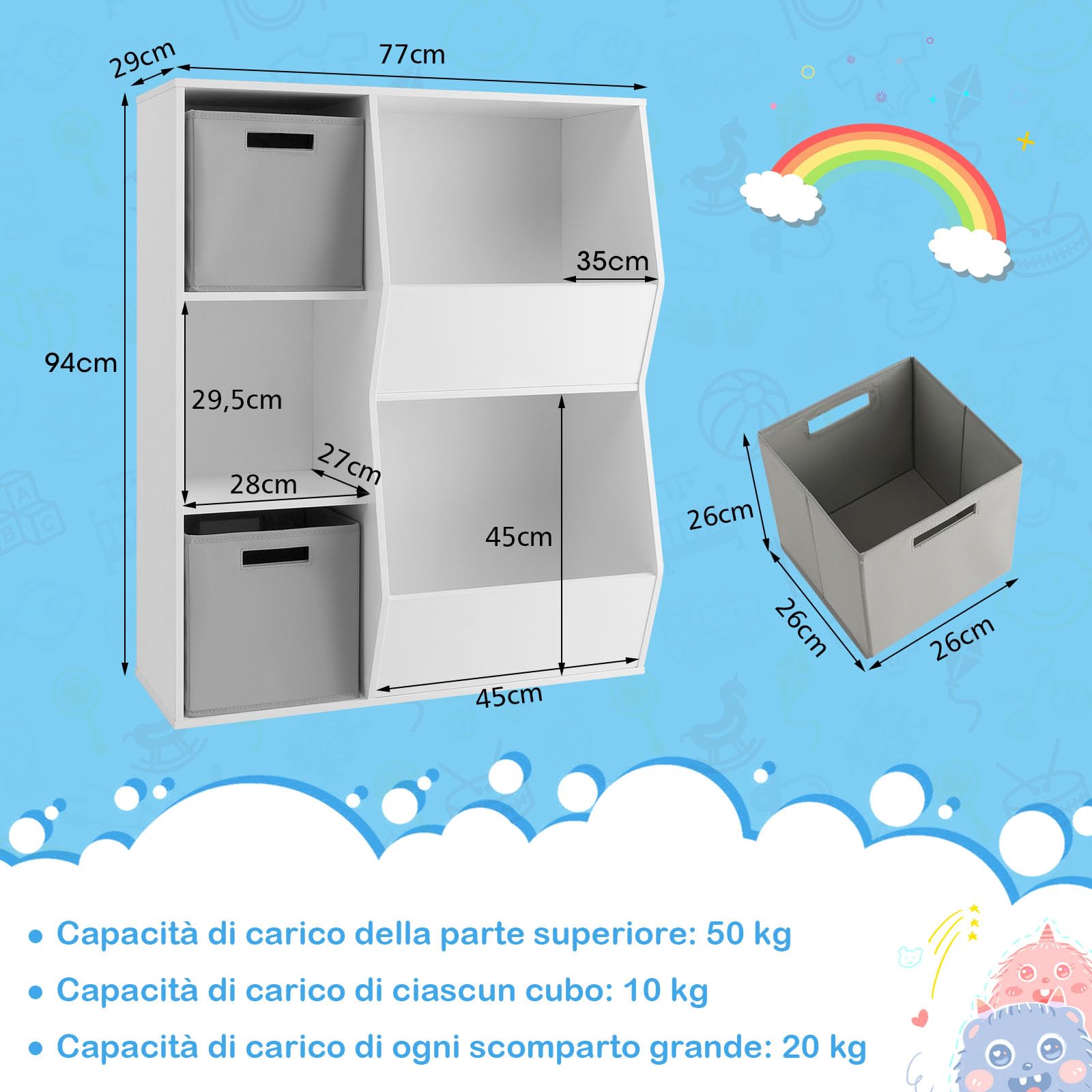 Organizzatore Giocattoli Bambini 5 Cubi Con Ceste | Libreria In Legno MDF Grigio 77x35x94 Cm | Per Camera Bambini