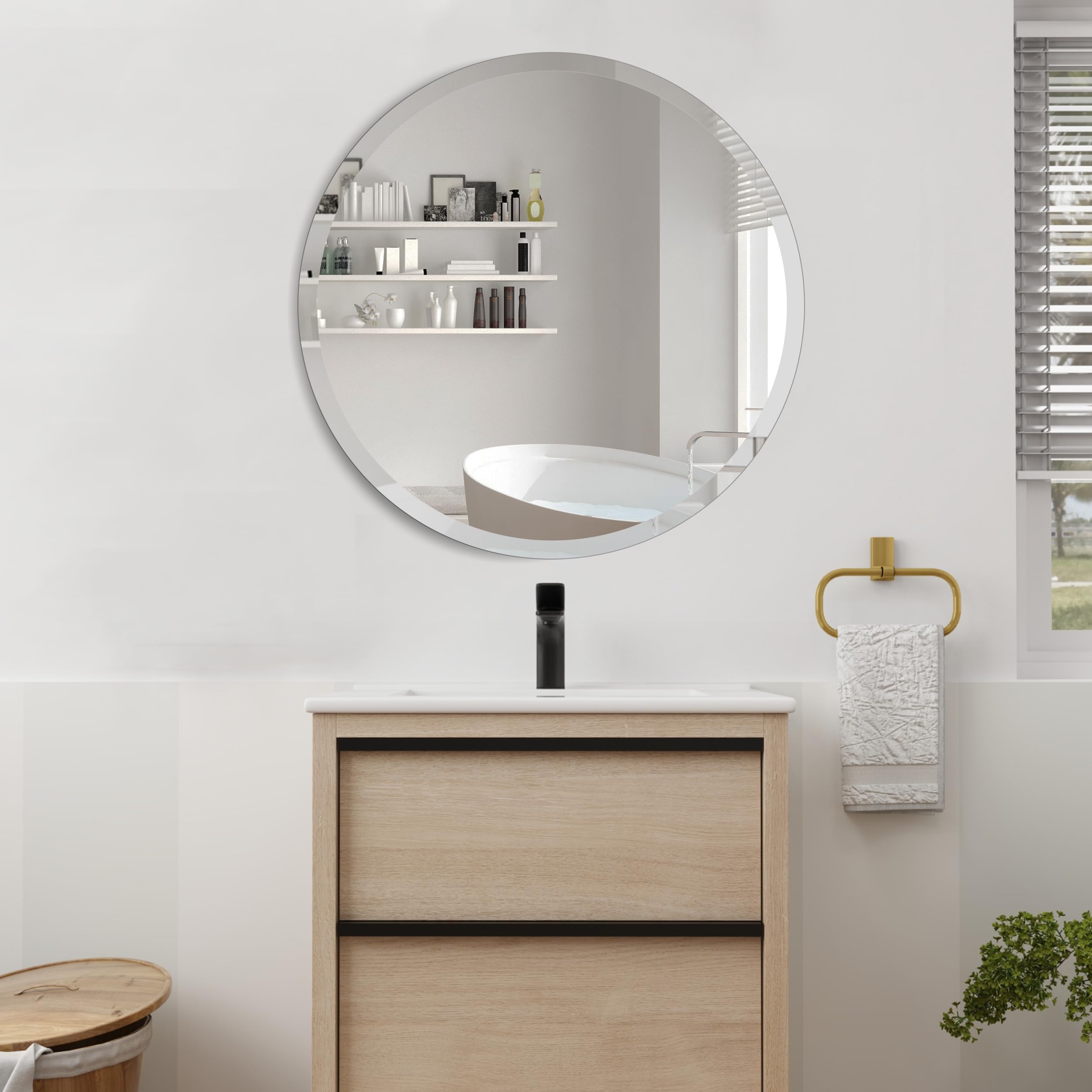ANYHI Espejo de baño moderno sin marco, espejo de pared redondo de 55 cm para decoración del hogar, diseño de borde biselado