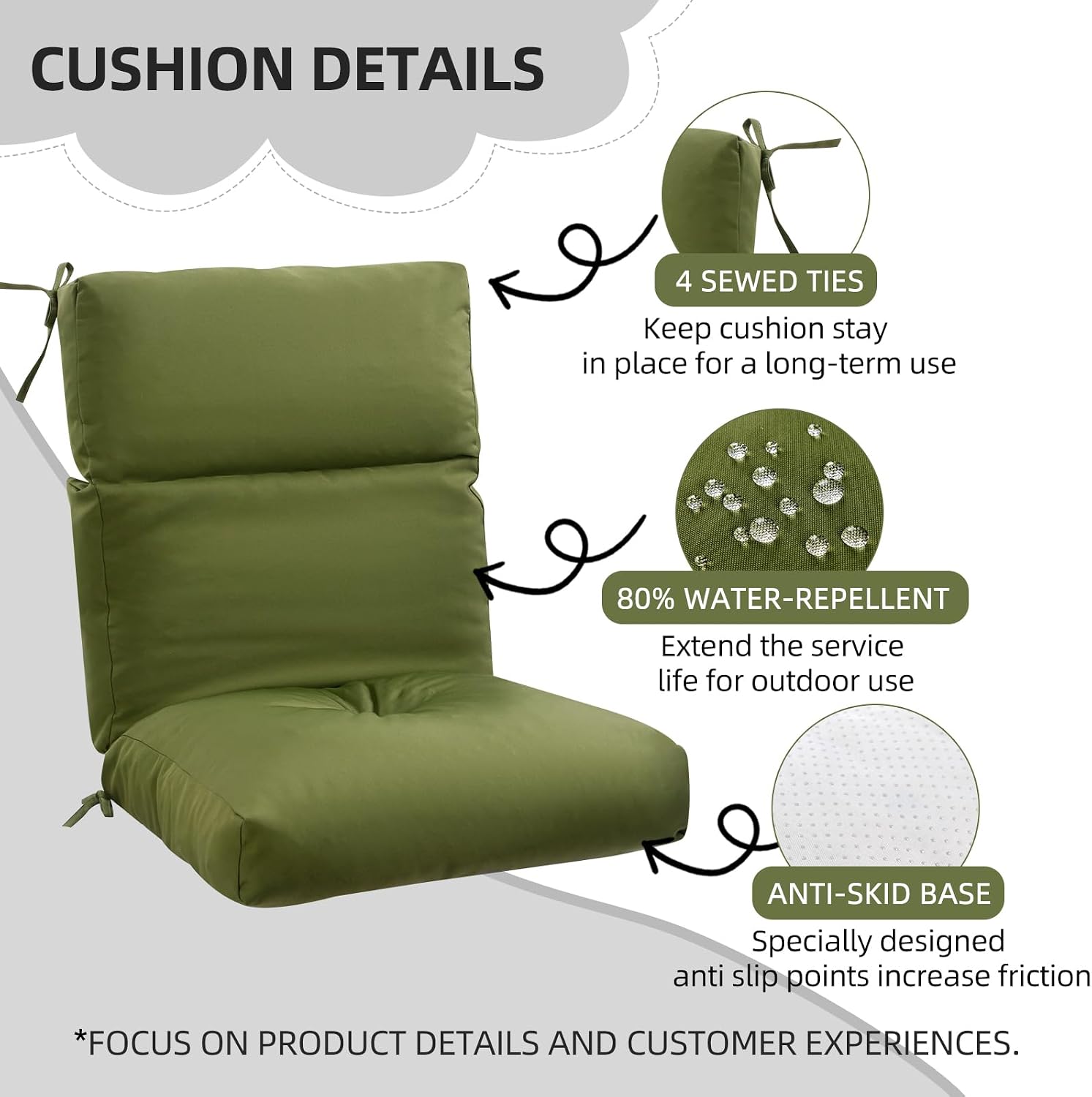 High Back Chair Cushion, 44" x 20" UV Resistant & Water-Repellent Patio Furniture Chair Pads with Non-Slip Ties for Rocking Chairs, Adirondack, Dinning Chairs, Moss Green, 1Pcs