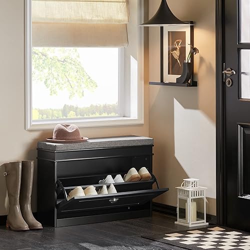 Miniatura 2 de Haotian FSR82-L-SCH, zapatero de pasillo negro con cajón abatible y cojín de asiento