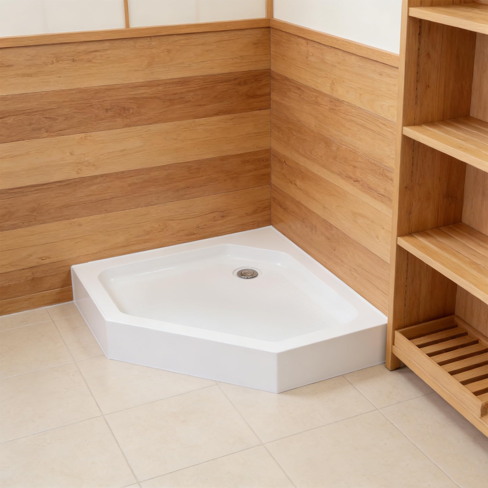 Piatto doccia angolare 80 x 80 cm, a forma di rombo, piatto doccia piatto in acrilico (80 x 80 cm) | Piatto doccia con fondo antiscivolo, con scarico e piedini regolabili