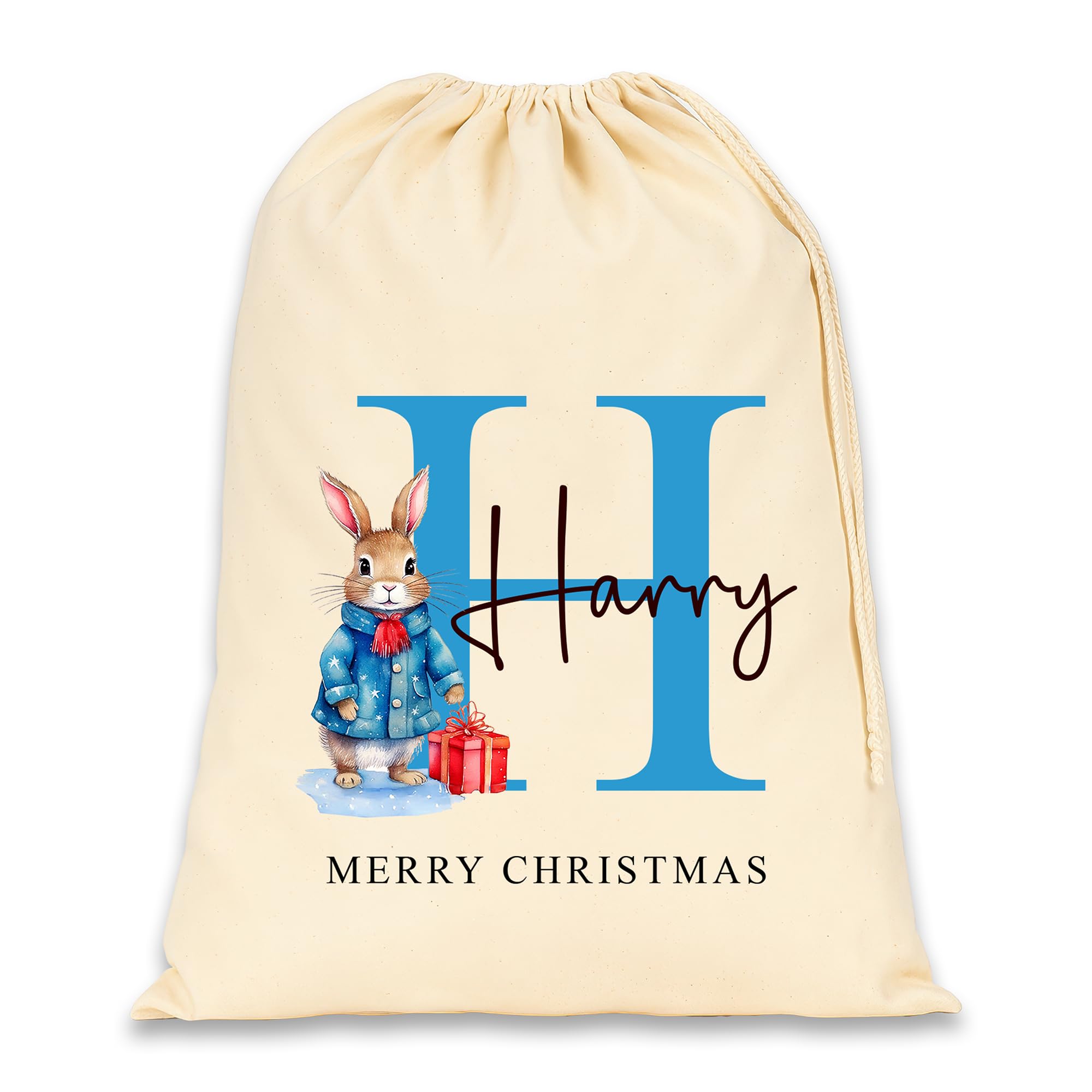Chicken Craft Personalised Santa Sack with Custom Name - Large Christmas Sack for Gifts - Xmas Gift Bag for Under Tree - Christmas Eve Bag - Christmas Stocking Alternative - Blue Rabbit (Cotton)