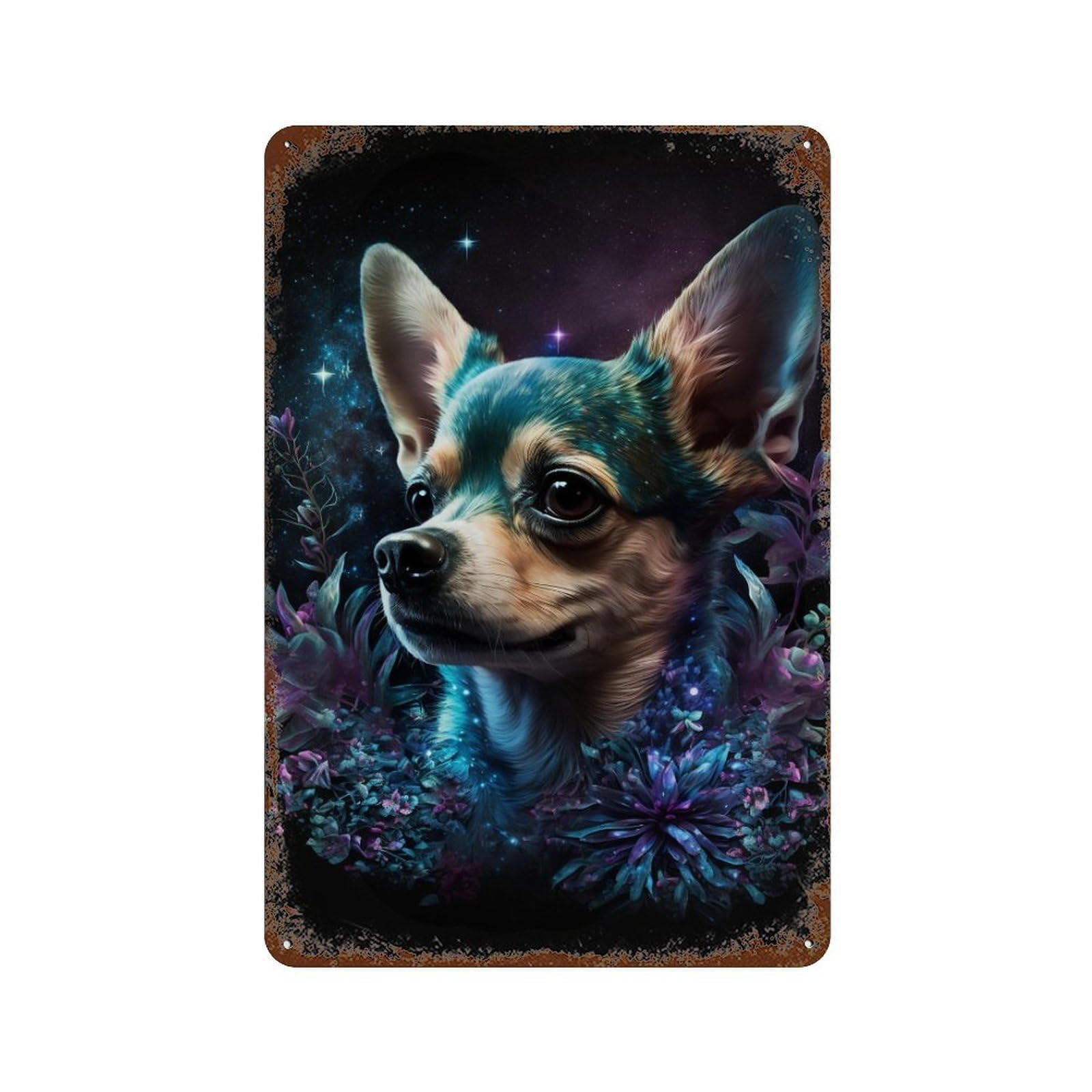 Galactic Chihuahua with Flowers -5 11.8"x7.9" Vintage Metal Tin Sign, Shabby Chic Decor for Office, Studio And Wall Decor