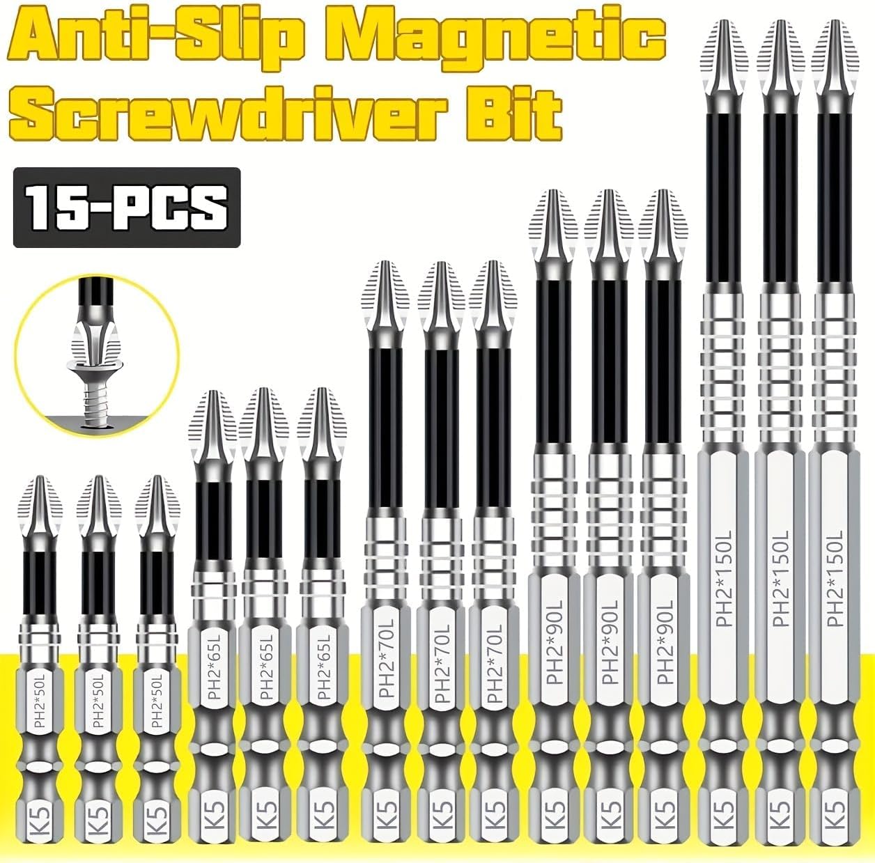 QTG 15-Piece Magnetic Screwdriver Bit Set – K5 Impact Resistant Phillips Bits in 50mm, 65mm, 70mm, 90mm & 150mm Lengths for Electric Drills and Manual Tools