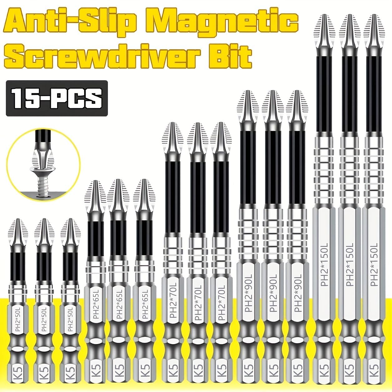 QTG Juego de 15 puntas de destornillador magnéticas, puntas Phillips K5 resistentes a los impactos en longitudes de 50 mm, 65 mm, 70 mm, 90 mm y 150 mm para taladros eléctricos y herramientas manuales