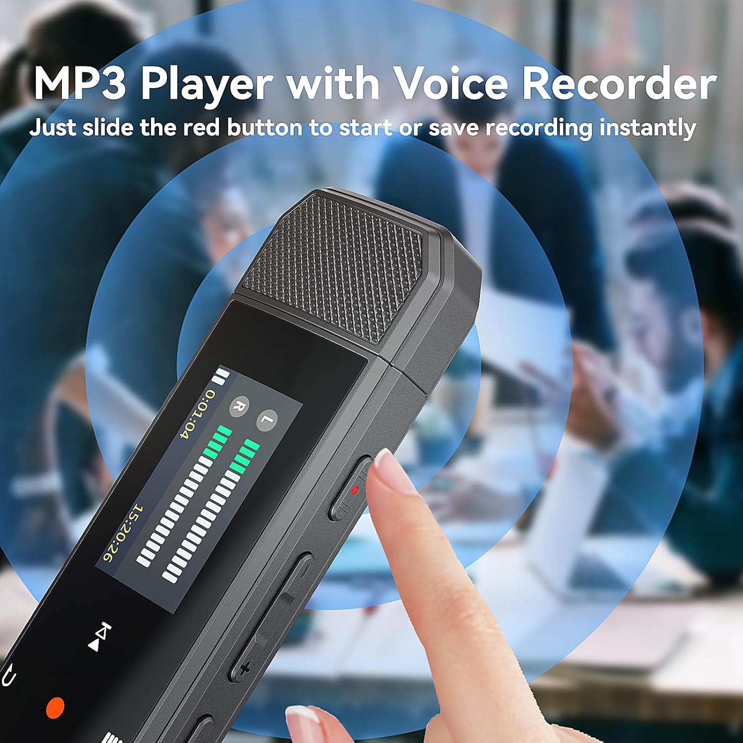 RUIZU X80 MP3 Player showing voice recording function with red slide button