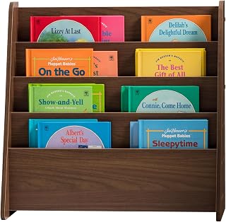 IRIS USA Wide Wooden 4-Pocket Magazine Rack - Deep Compartments for Books, Sketchbooks, Magazines in Living Room or Office, Dark Brown