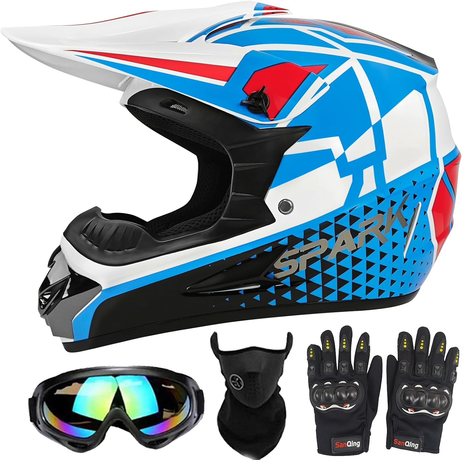 Youth Motorcross Helmet, Kids Dirt Bike Helmets, Motorcycle Helmets Off-Road Mountain Bike BMX MX ATV Helmet with(Gloves Goggles Mask) 4Pcs Set - DOT Approved (W-Blue, Medium) W-Blue Medium
