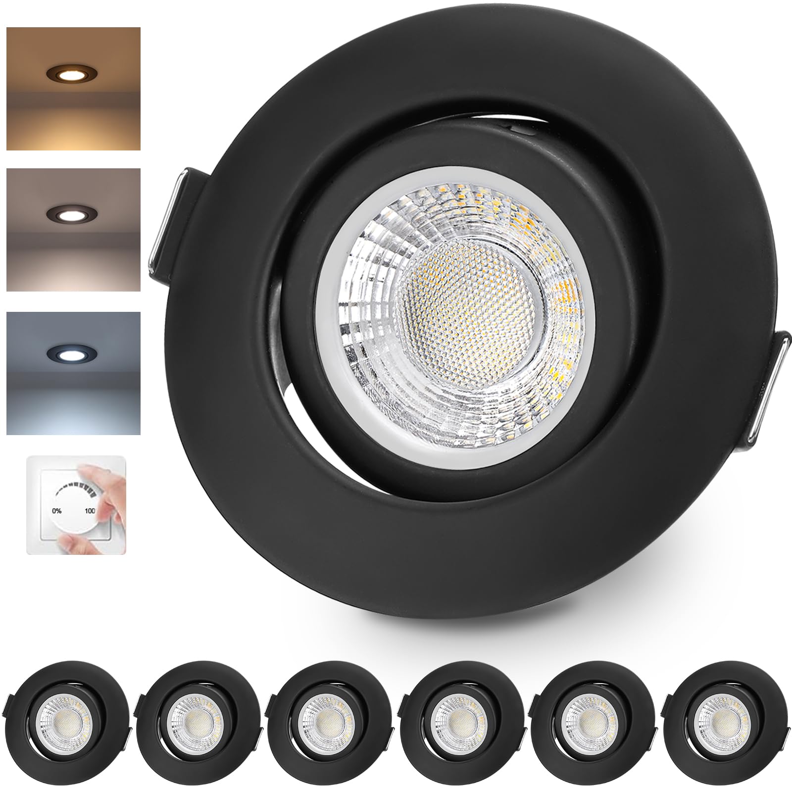 LED Einbaustrahler 230V Dimmbar Schwarz LED Spots 6W IP44 Bad Einbauleuchten Schwenkbar Deckenspots,Warmweiß Neutralweiß Kaltweiß deckenleuchte für Badezimmer Küche Wohnzimmer,6er Set