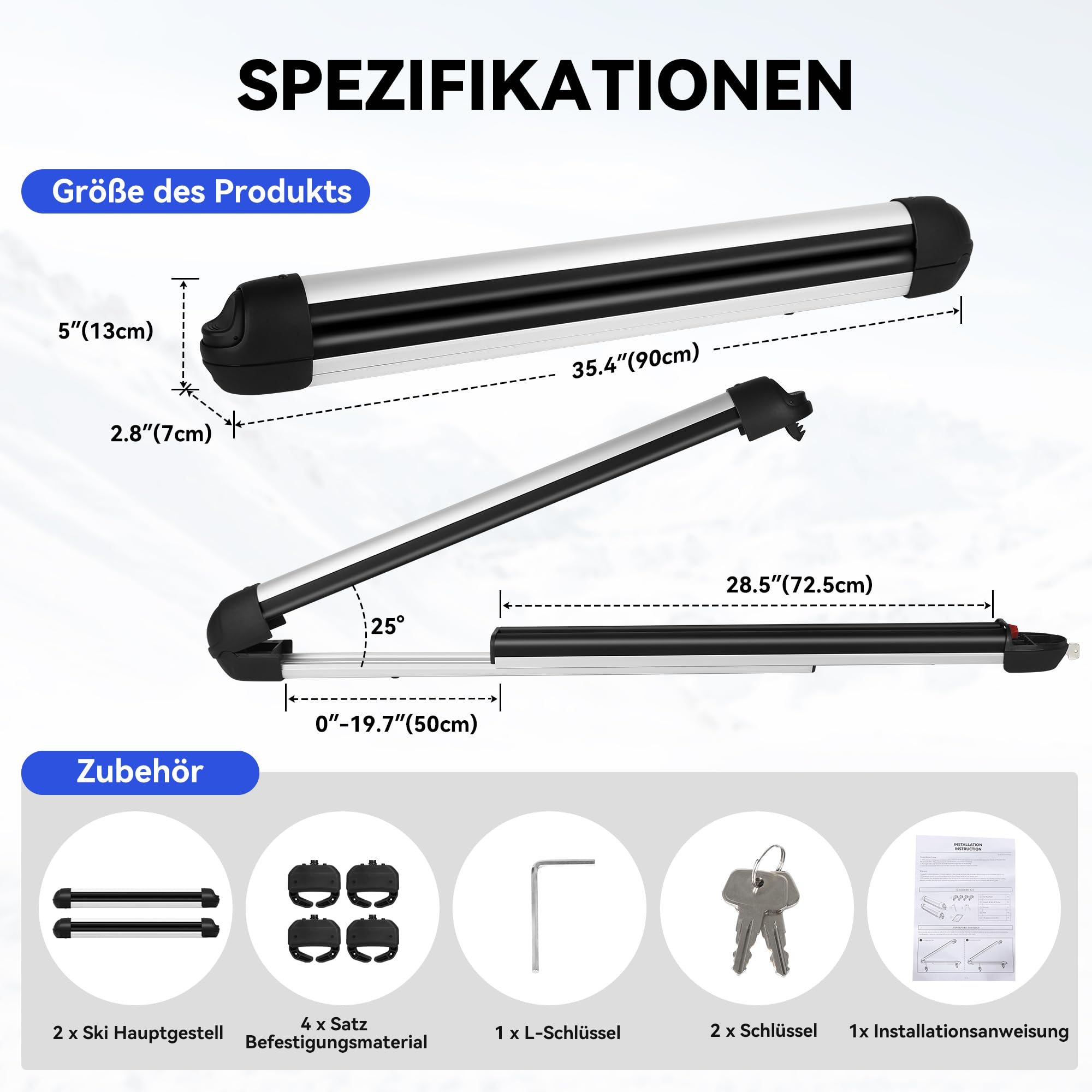 Richeer Ski- und Snowboard-Dachträger, Universal-Skiträger, 28'' Passend für 6 Paar Skier/4 Snowboards, mit Anti-Diebstahl-Schloss, Passend für Square/Round/Aero/Oval Cross Bars, Silber