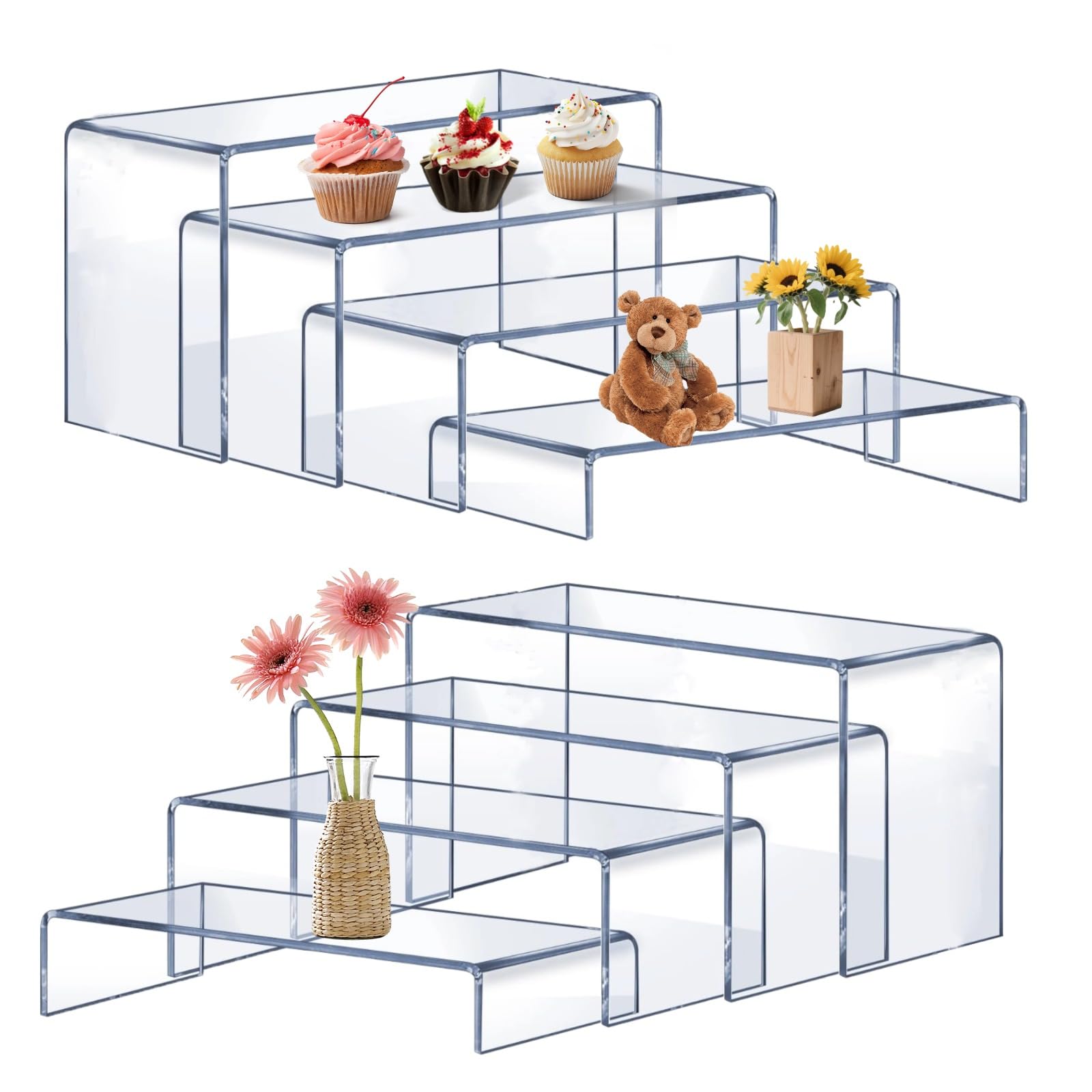FontFable Large Acrylic Risers, 8 Pcs Rectangular Clear Acrylic Display Stand, Display Risers Shelf for Retail Desktop Shoe Showcase Jewelry Decorations, Cupcakes & Dessert Table Display