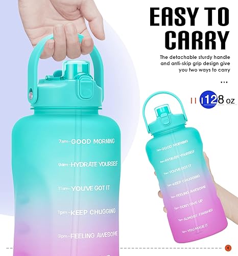 Miniatura 6 de Botella de agua de un galón con popote, 128onzas (3.8L), libre de BPA - Innovadora botella deportiva con tapa 2en 1con recordatorios motivacionales