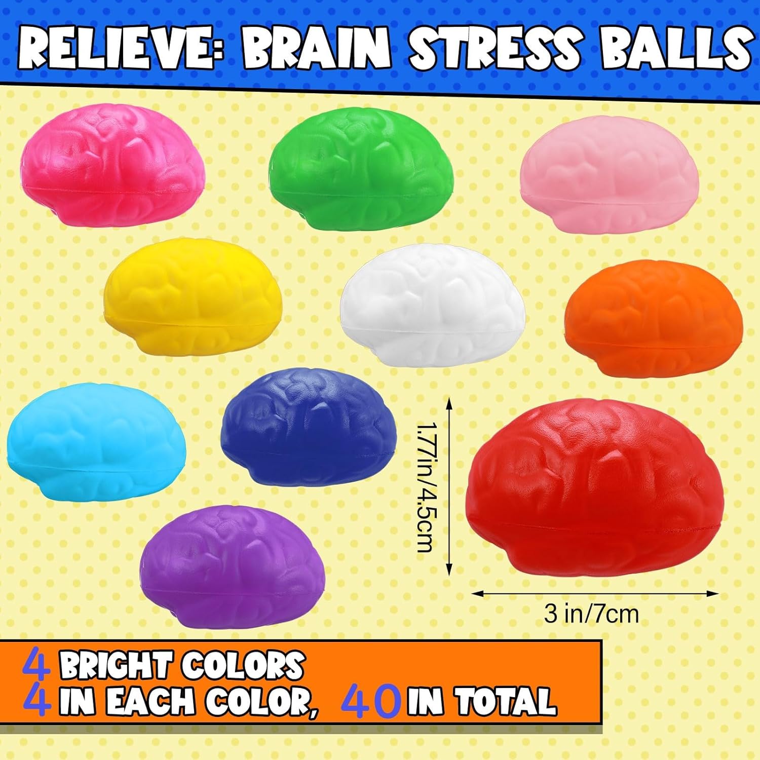 Kasyat 40 Pcs Brain Stress Ball 3 Colorful Large Brain Shaped Stress Ball Bulk Halloween Party PU Hand Muscle Exercise Pressure Prop for Adult Improving Grip Strength Object Recognition Prop Mold