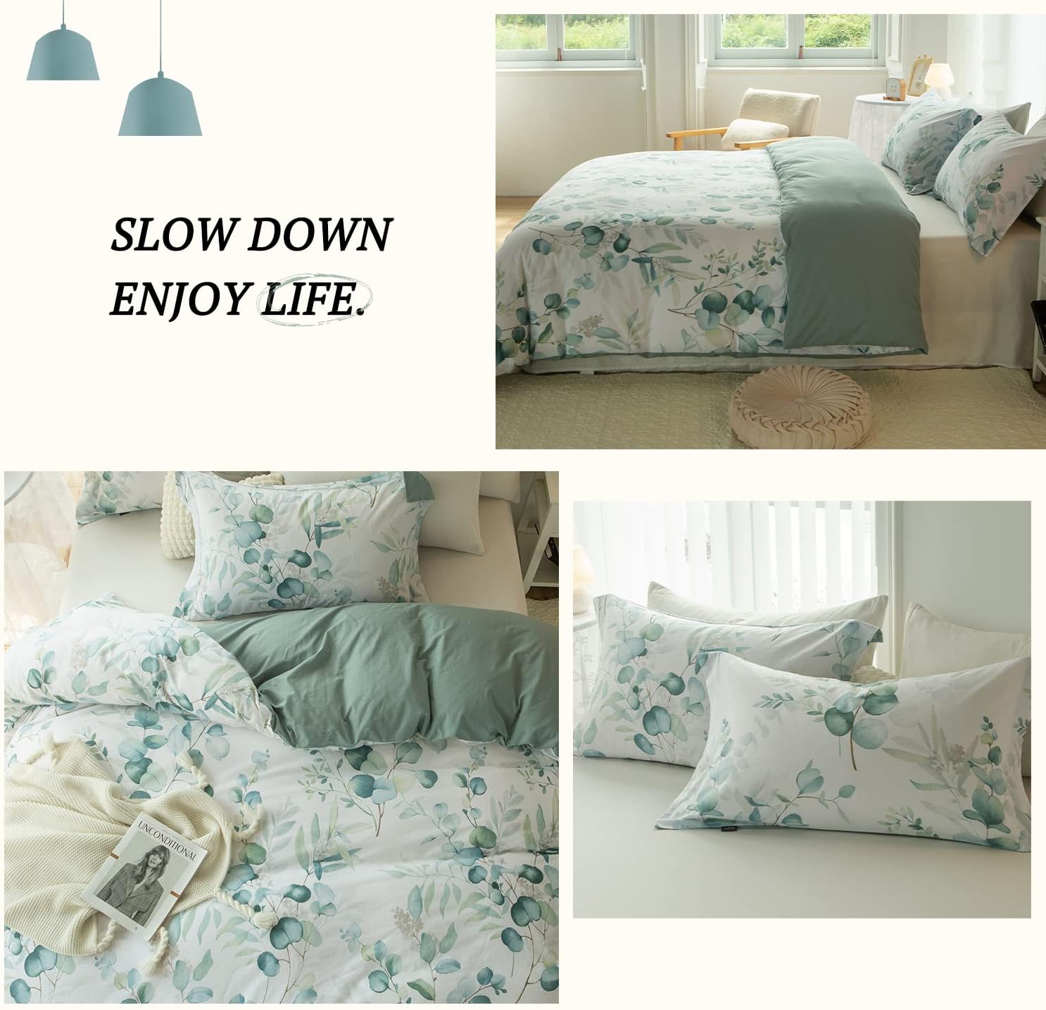MILDLY Duvet Cover Leaf Pattern- 100% Washed Cotton Eucalyptus Printed Sage Green Comforter Cover Linen Feel Bedding Set with Zipper Closure 4 Ties Queen Size - Image 8