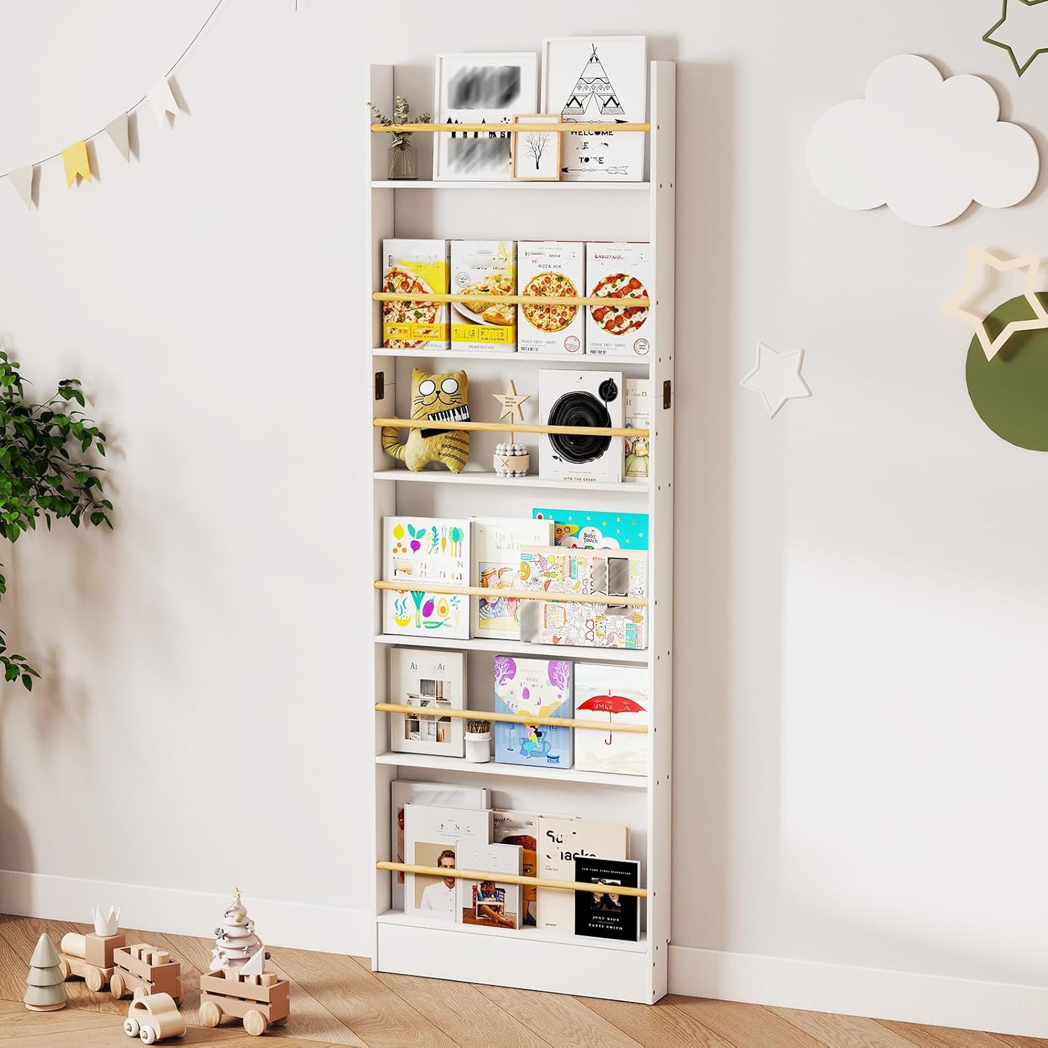 Kids Bookshelf, Behind The Door Bookshelf 6 Tier Wall Book Shelf for Kids Room Organizer Slim Storage Hidden Door Bookcase Cabinet for Bedroom Living Room White