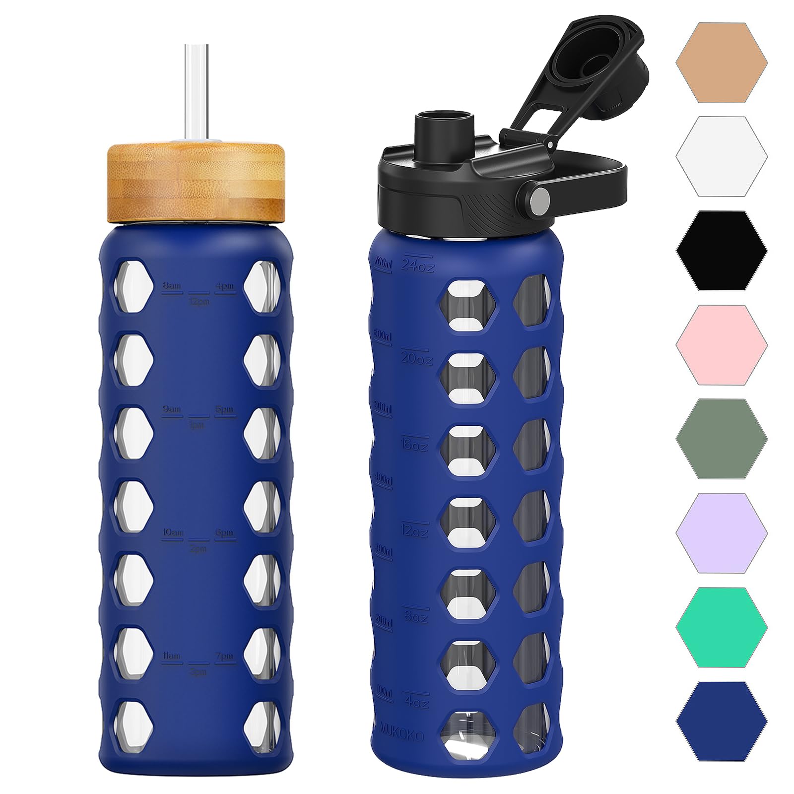 HYDRAGLAZIC 700ML Glaswasserflasche mit 2 Deckel Flip und Bambusstroh Deckel Sport Wasserbecher mit Zeiterinnerung und Silikonhülle Auslaufsicher BPA-frei, Blau