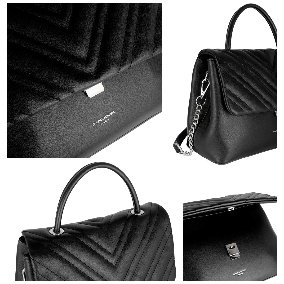 David Jones - Borsa a Tracolla Catena Trapuntata Donna - a Mano, Spalla, PU Pelle - Messenger Crossbody Bag - Borsetta Satchel Sera Chevron Clutch - Nero