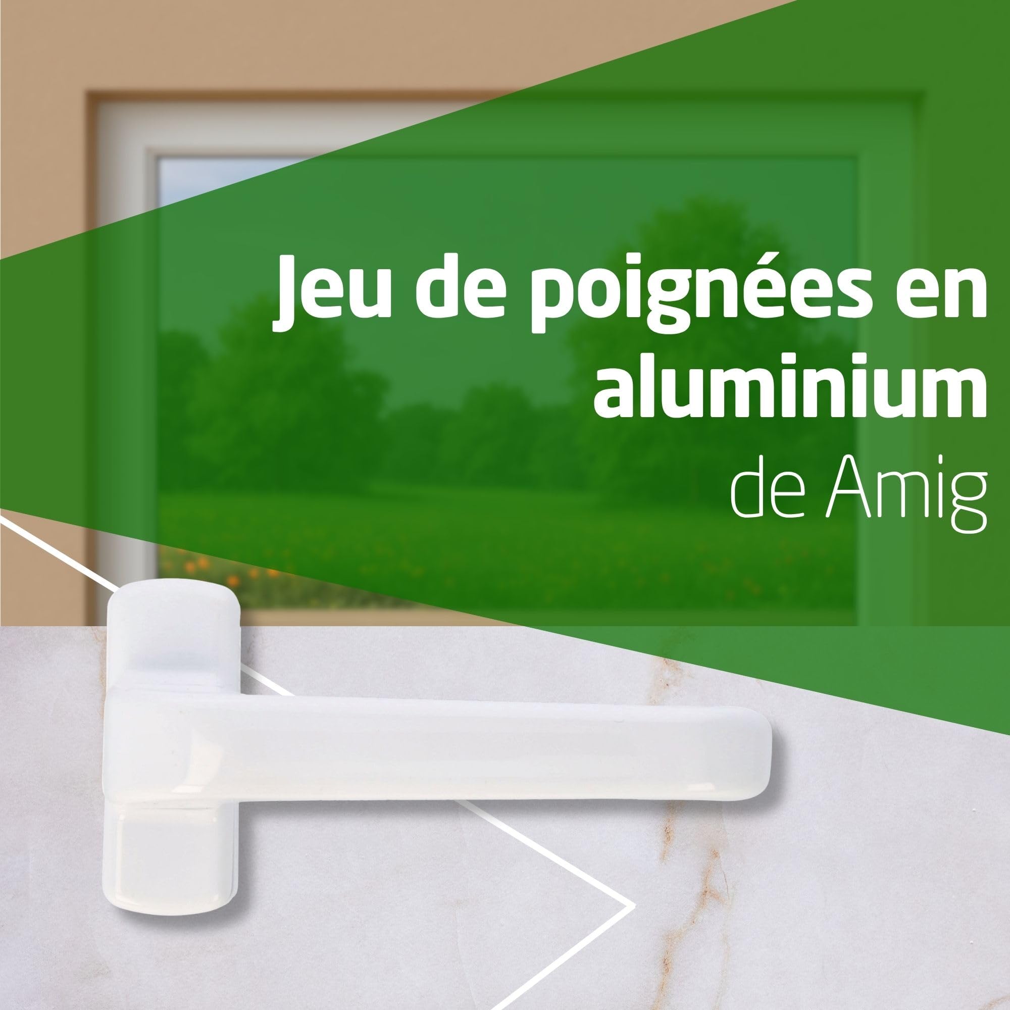 Amig - Jeu de Poignées de Porte avec Rosace - Modèle Epsilon - 132 x 70 mm - Carré de 8 mm - Blanc - Aluminium - Design Élégant et Simple