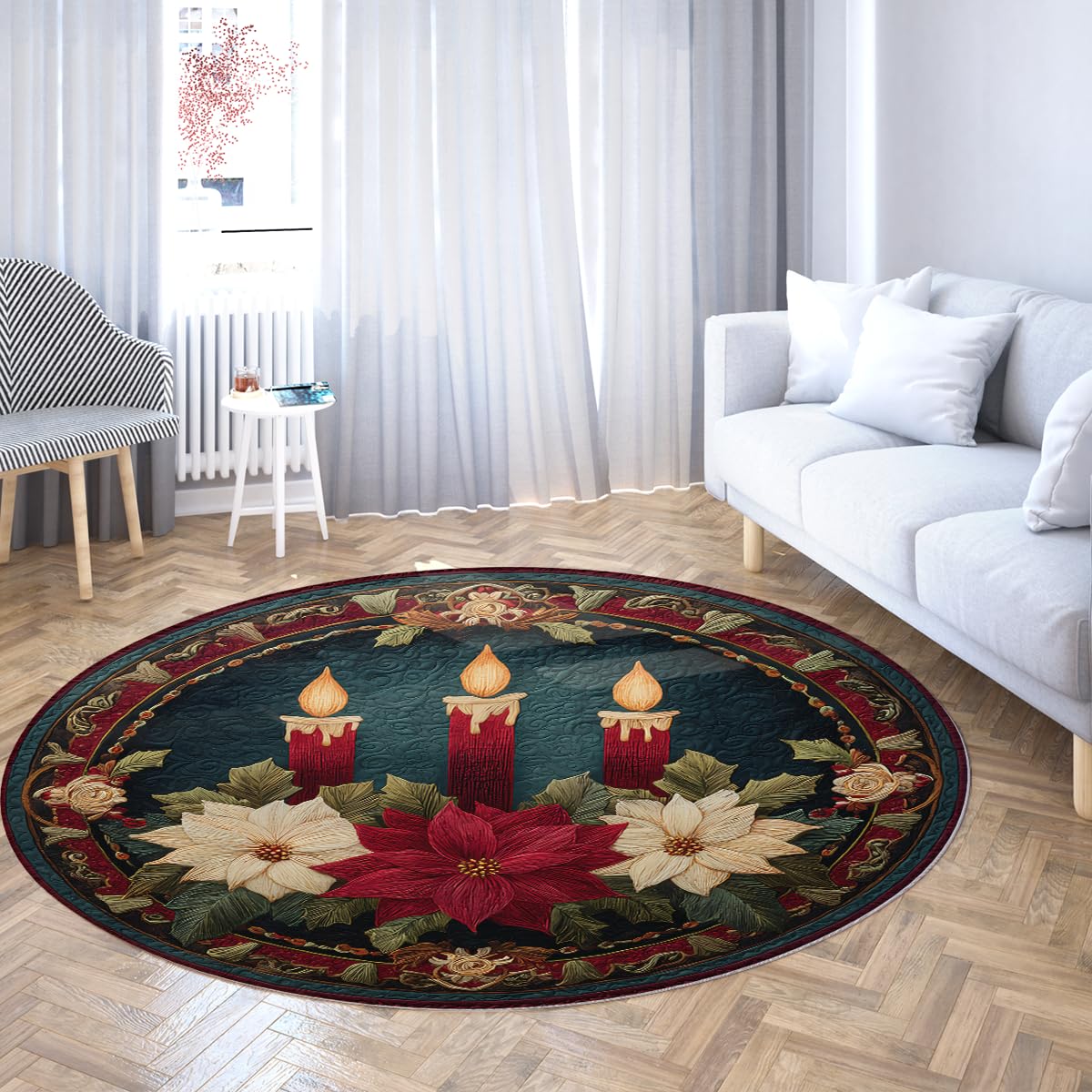 Przytulny świąteczny okrągły dywan 200 cm Vintage Boże Narodzenie świeca i okrągłe dywany poinsettia nadające się do prania cienkie maty do kuchni jadalni