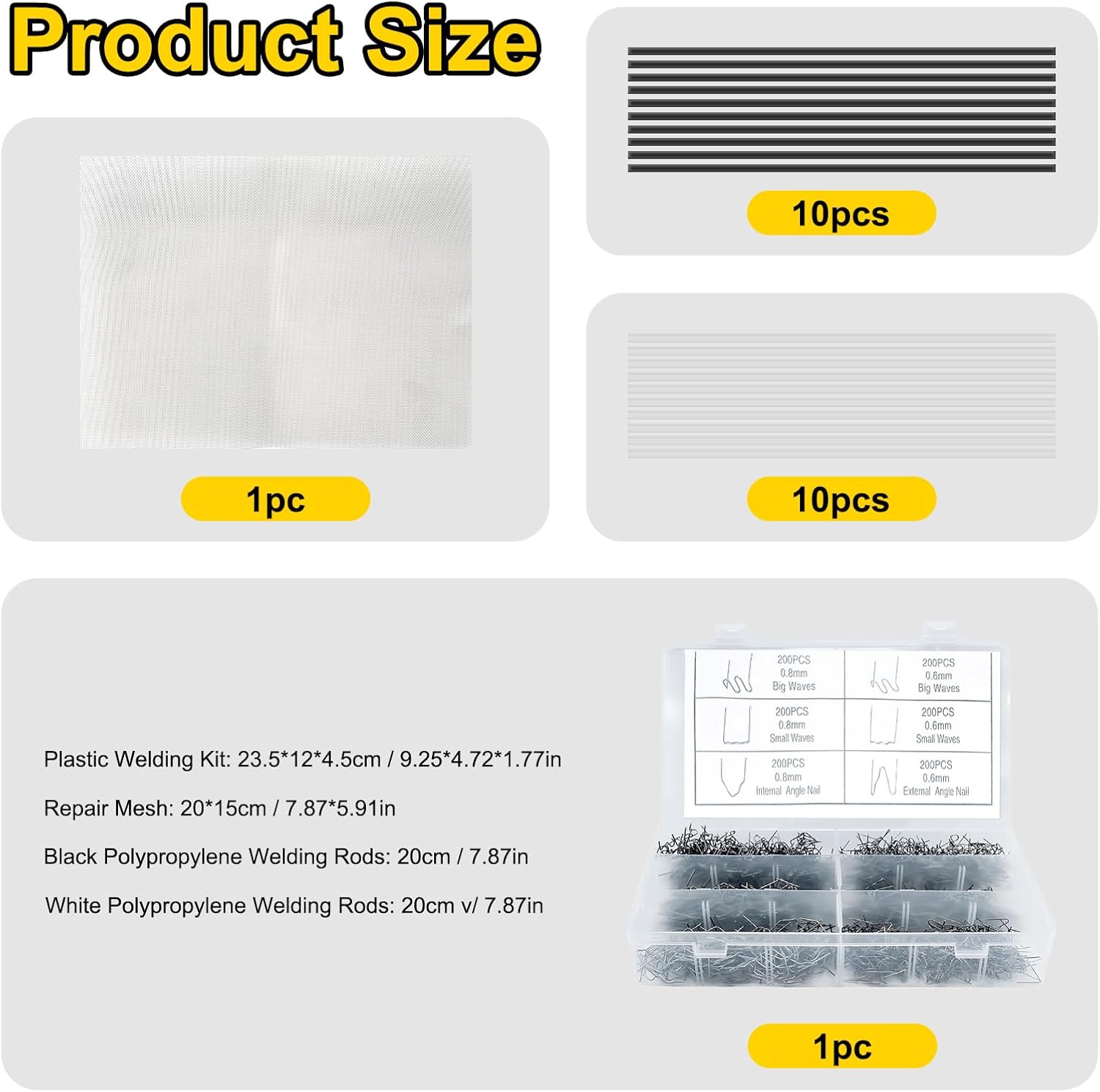 Plastic Welding Staples 1200 pcs,6 Types Hot Staples with Polypropylene Welding Rods and Repair Mesh for Plastic Welder Gun to All Plastic Fix Repair Car Bumpers,Plastic Cracks