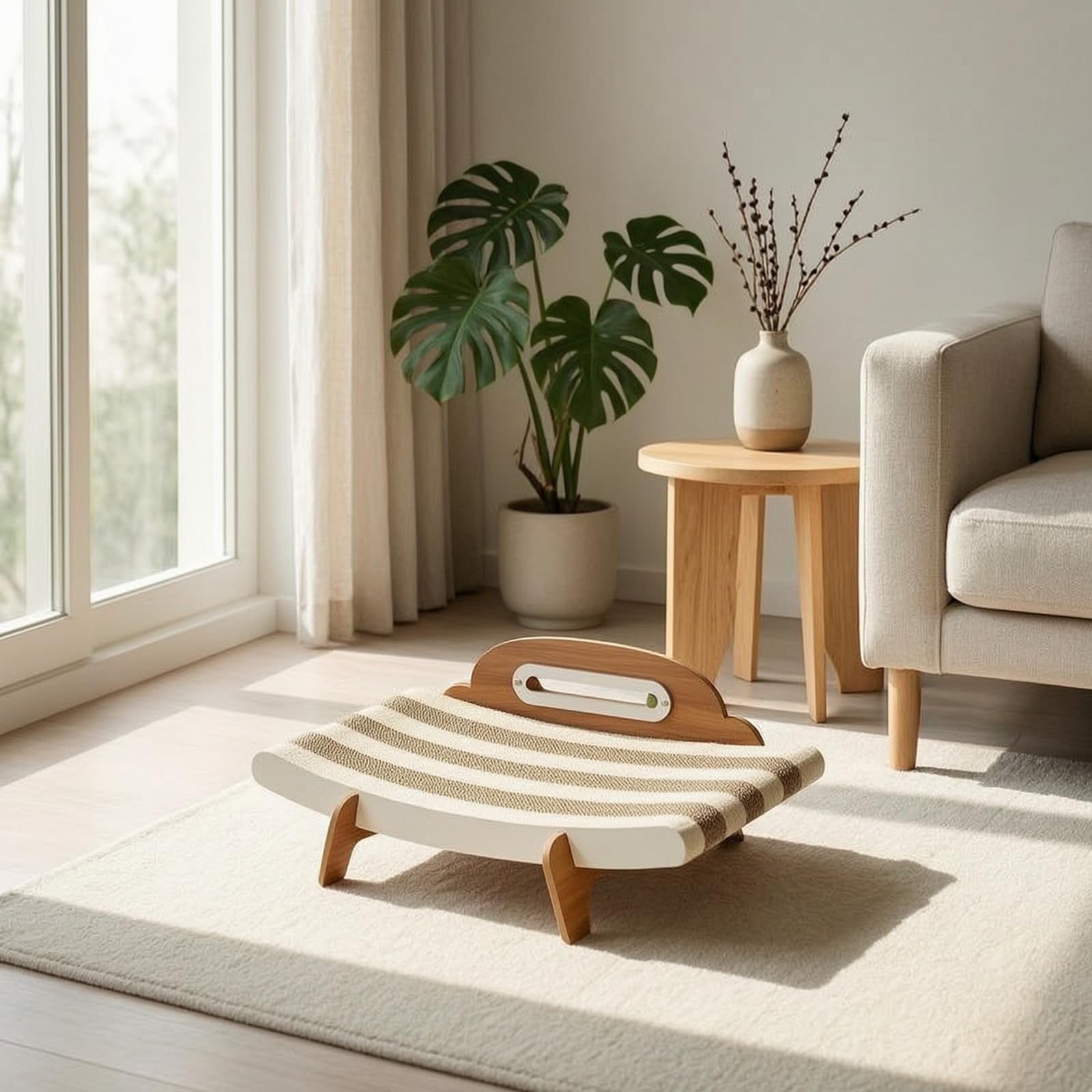 Griffoir pour Chat en Forme Canapé avec Surface en Support en Bois Grainé Lit Confortable pour Gratter et Dormir Jouet à Cataire pour Pièce Vie