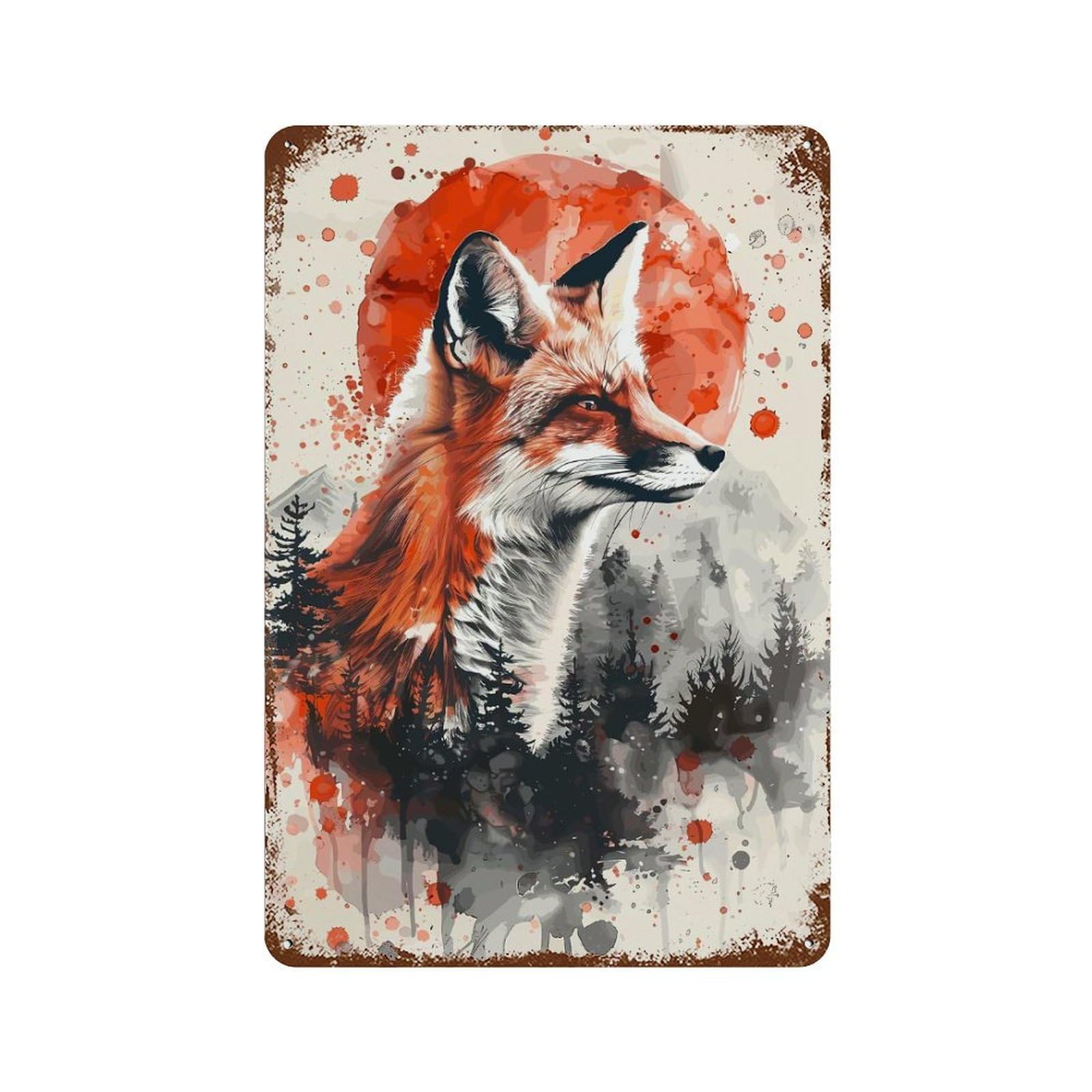 Fox Forest Watercolor 11.8"x7.9" Vintage Rust Metal Sign, Decorative Metal Wall Art for Bistro, Counter And Cafe Decor