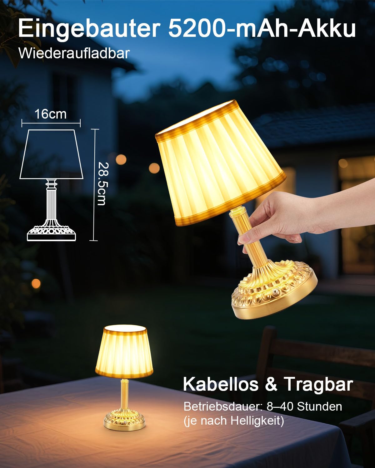 2 Stück Kleine Aufladbare Kabellose Tischlampen für Restaurant | 5200 mAh Akku Lampe, Tragbare Dimmbare Tischleuchte, Touch Nachtlicht für Schlafzimmer Küche Badezimmer Terrasse Outdoor